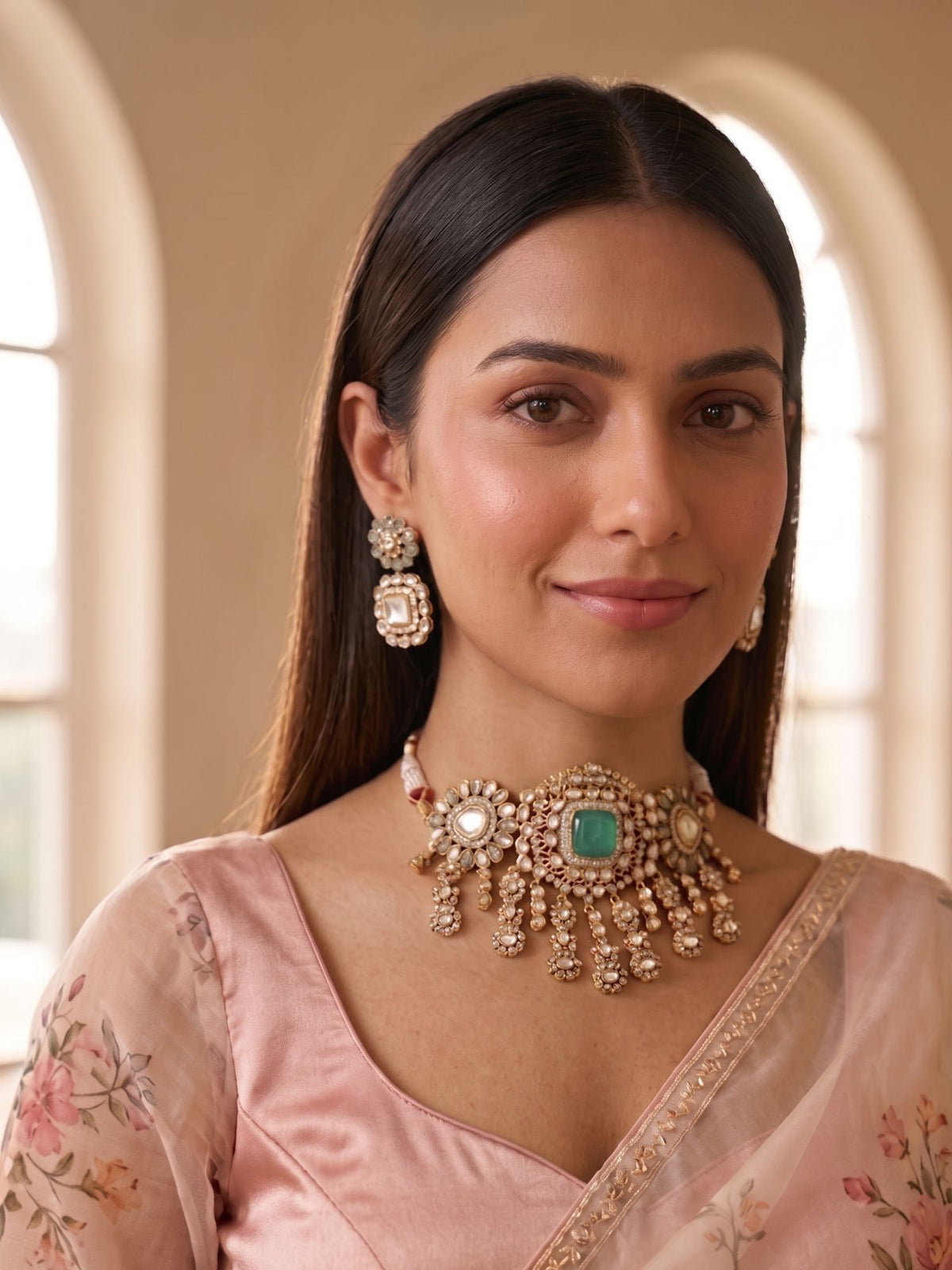 24K Gold Plated Cyan and White CZ Kundan Choker Set with Earrings