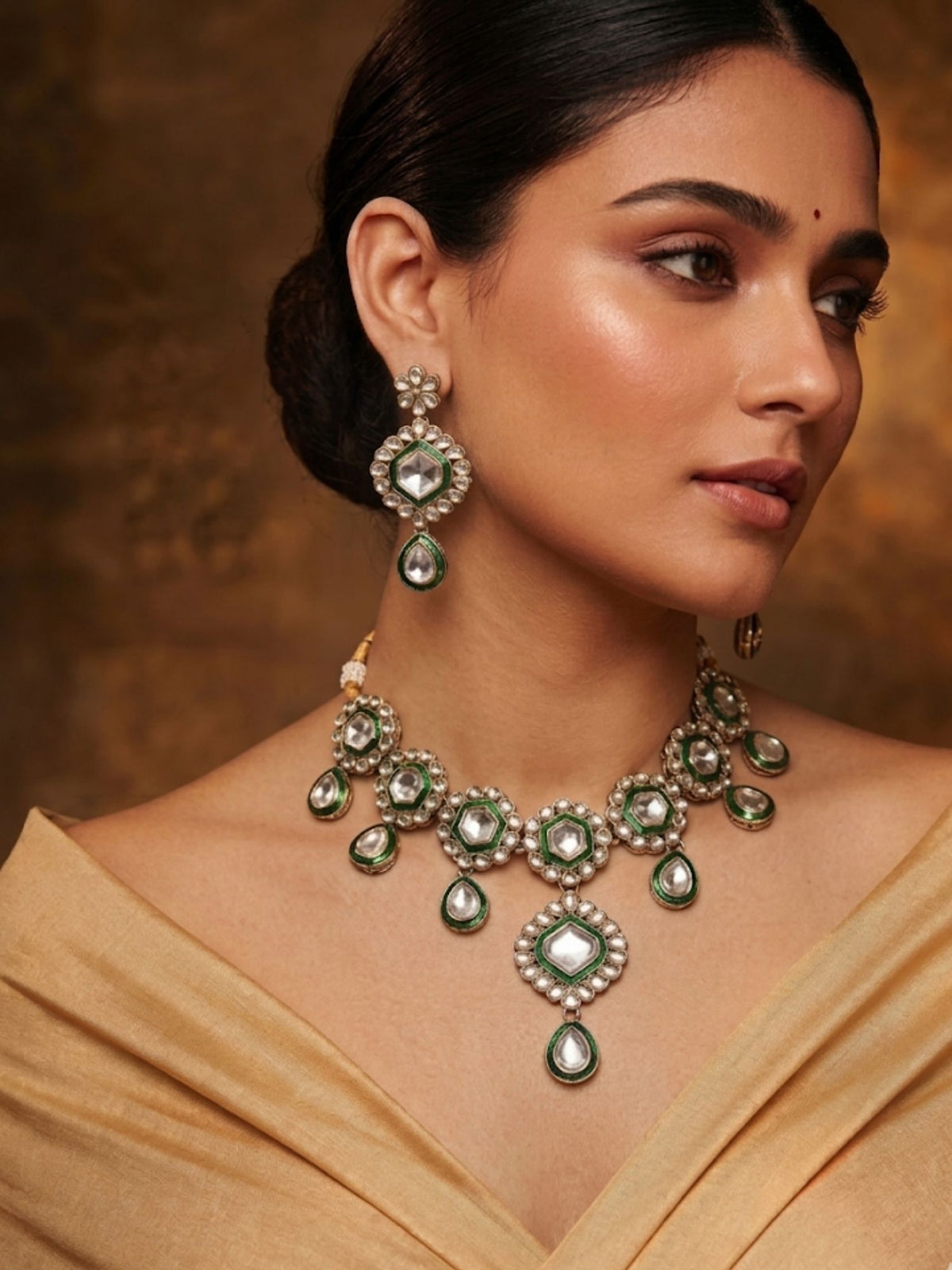 Gold Plated Floral Kundan CZ Meenakari Necklace Set with Earrings