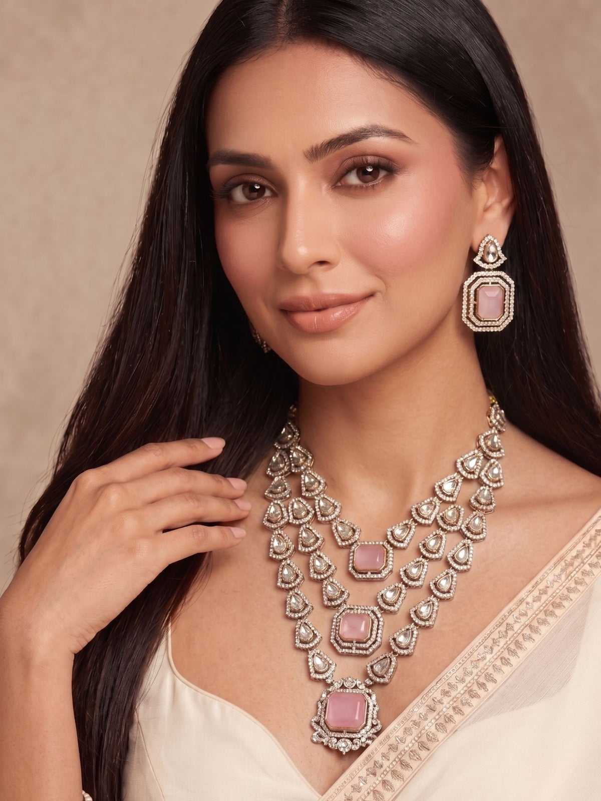 Grand Triple Layered Pink Kundan CZ Necklace Set with Earrings