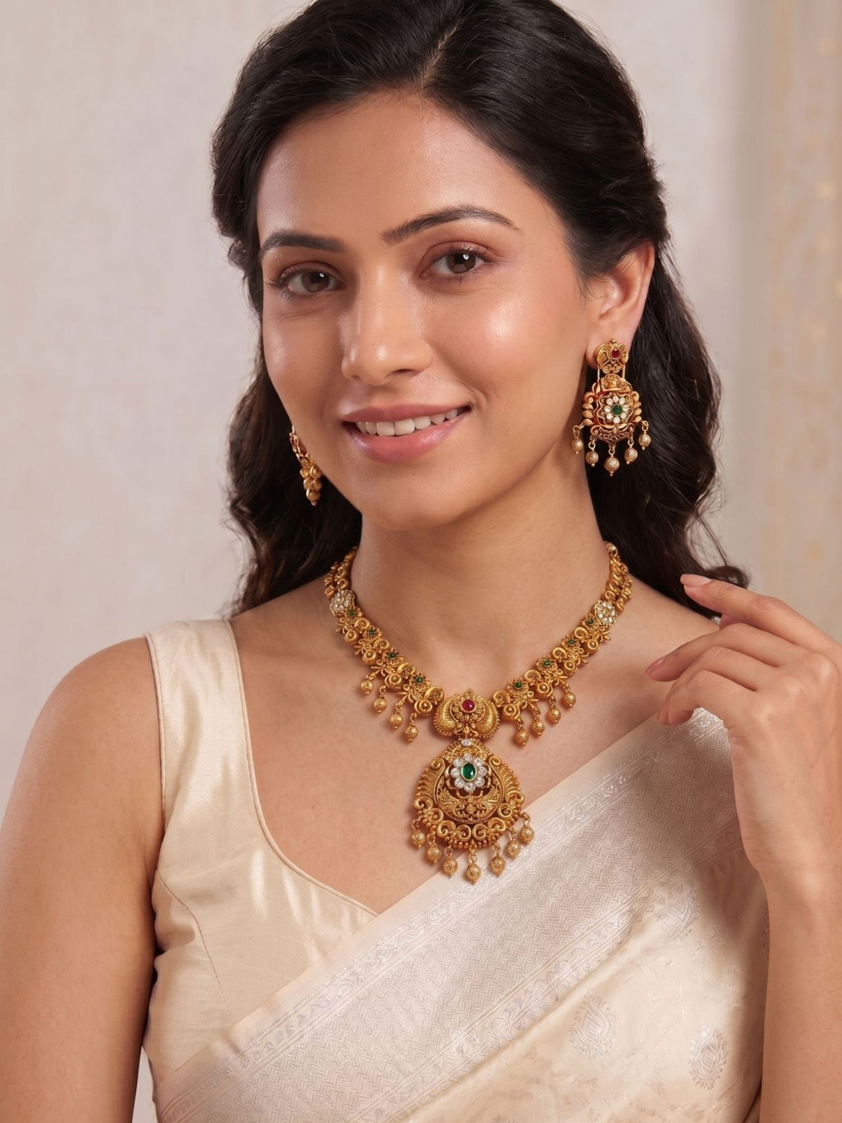 Antique Gold Plated Traditional CZ Necklace Set with Earrings