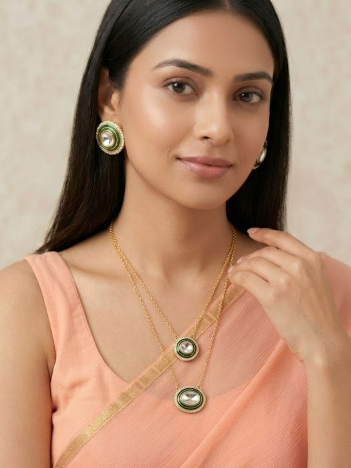 24K Gold Plated Double Layered Kundan  Necklace Set with Earrings