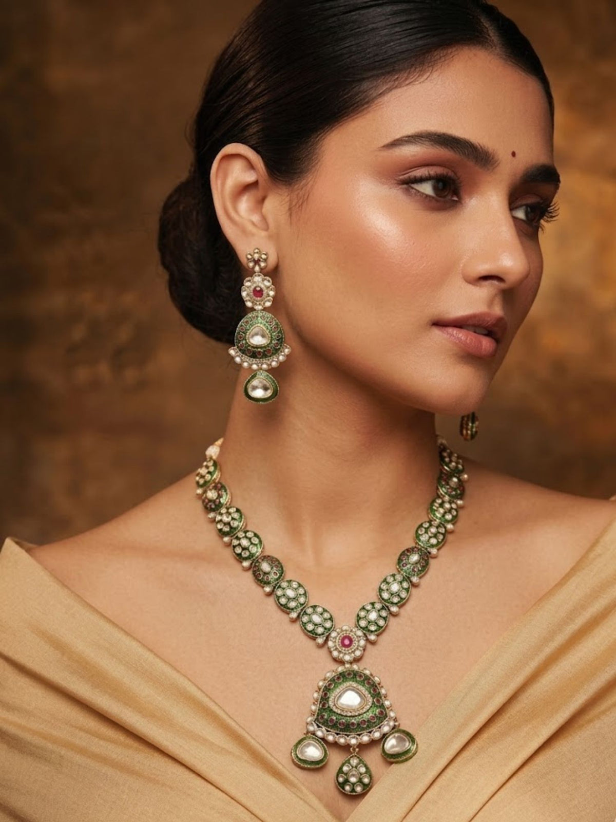 Traditional Green Kundan and Ruby Dangler Necklace Set with Earrings