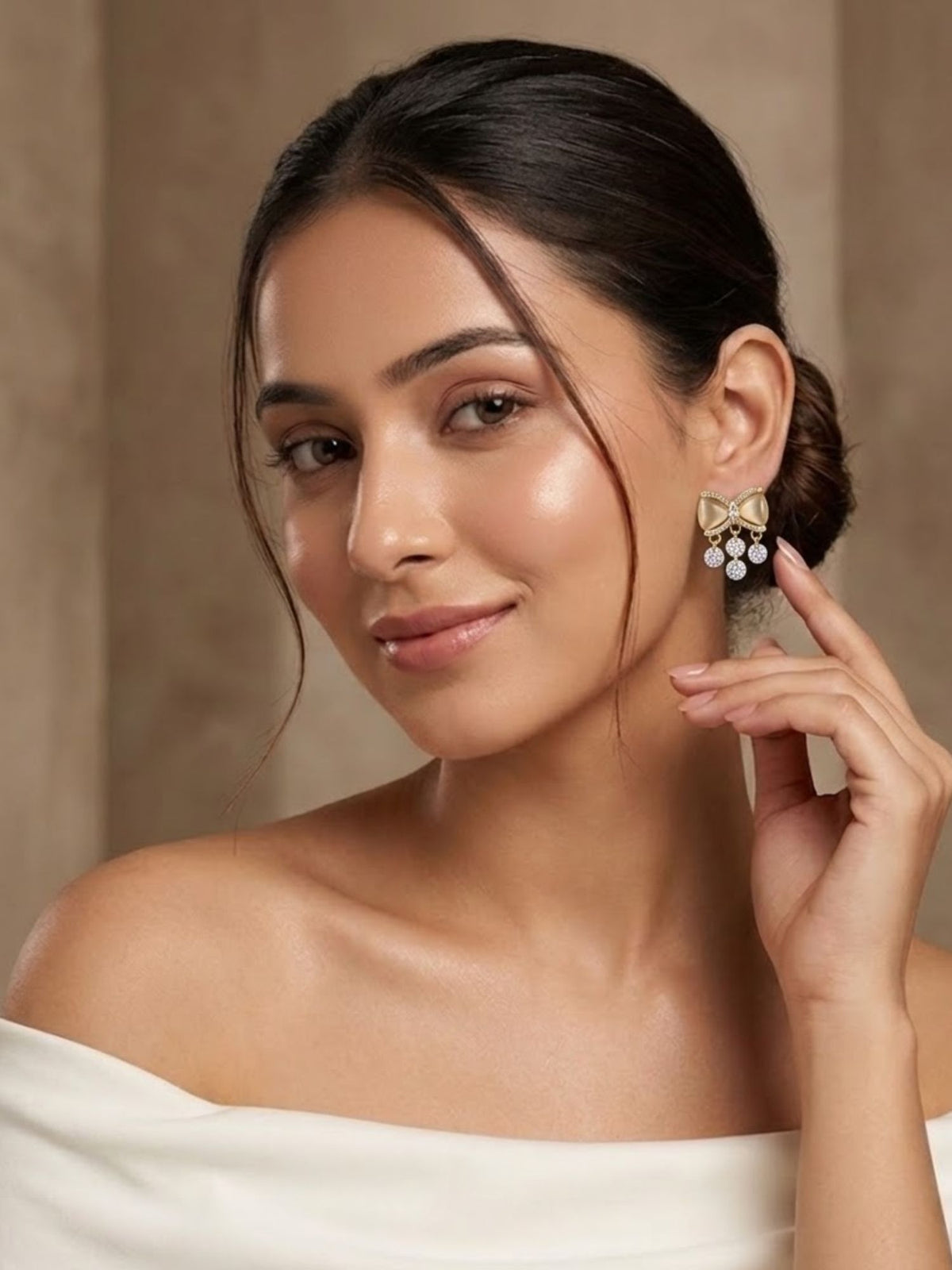 Gold Plated Bow Design Off White Statement Earrings