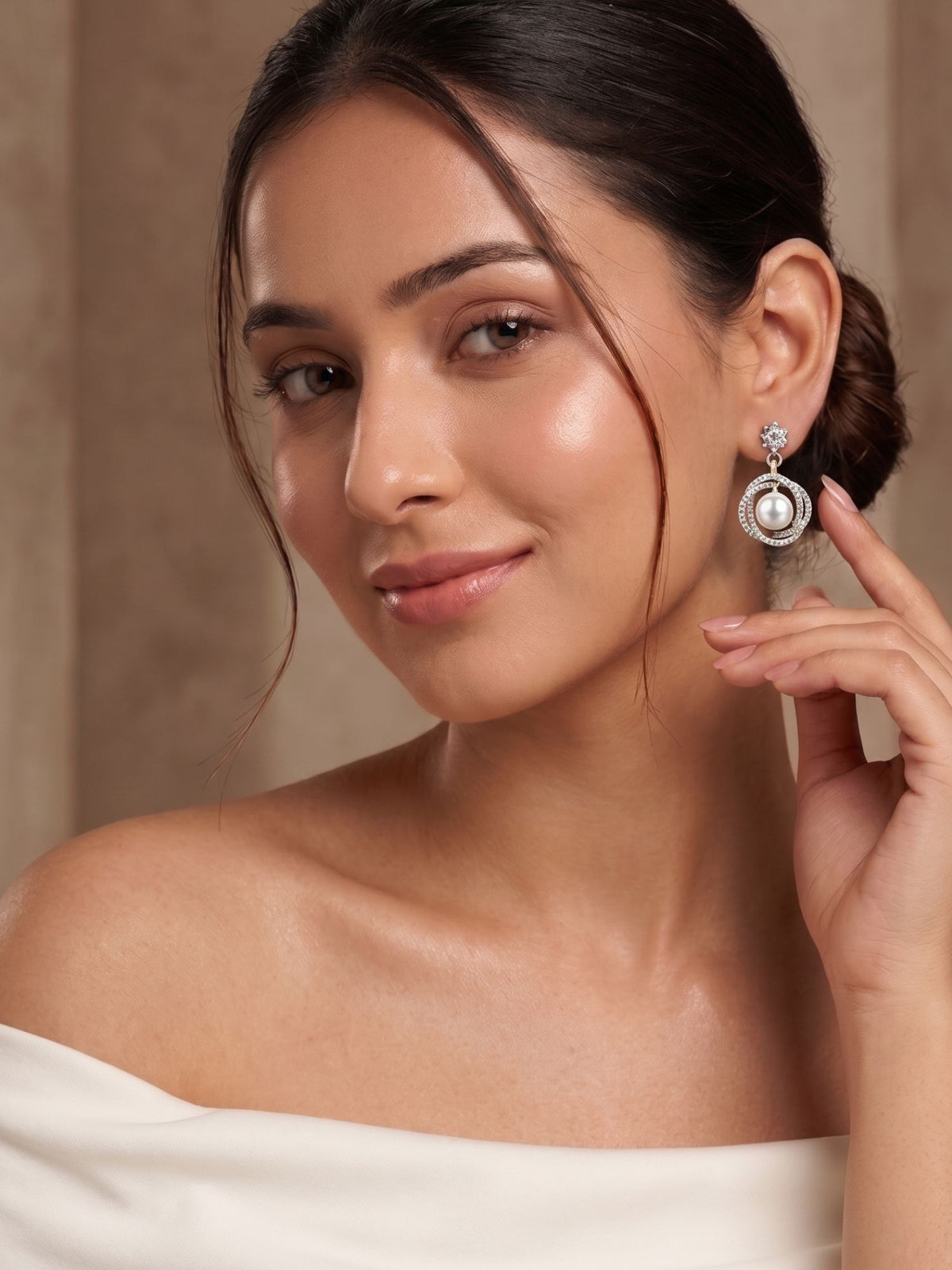 Rhodium Plated AD Pearl Statement Earrings
