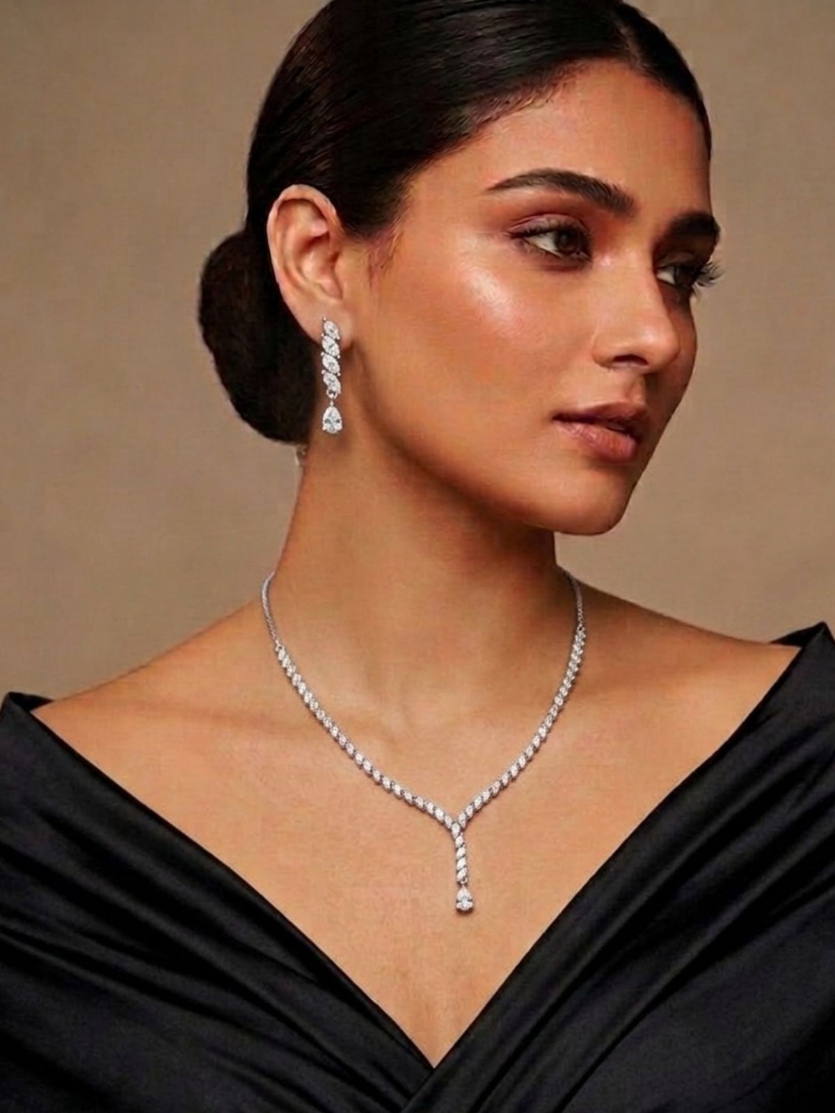Rhodium Plated White AD Statement Necklace Set with Earrings