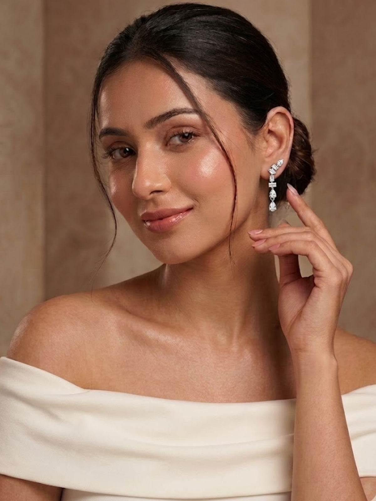 Rhodium Plated White AD Statement Earrings