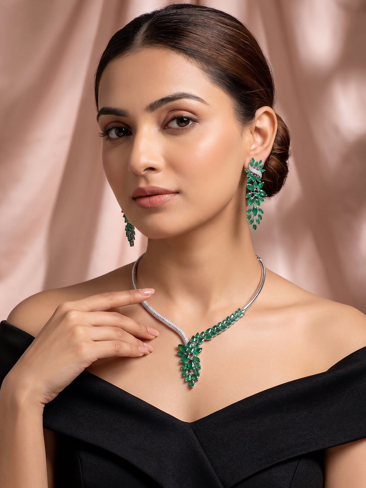 Rhodium Plated Floral Green AD Necklace Jewellery Set