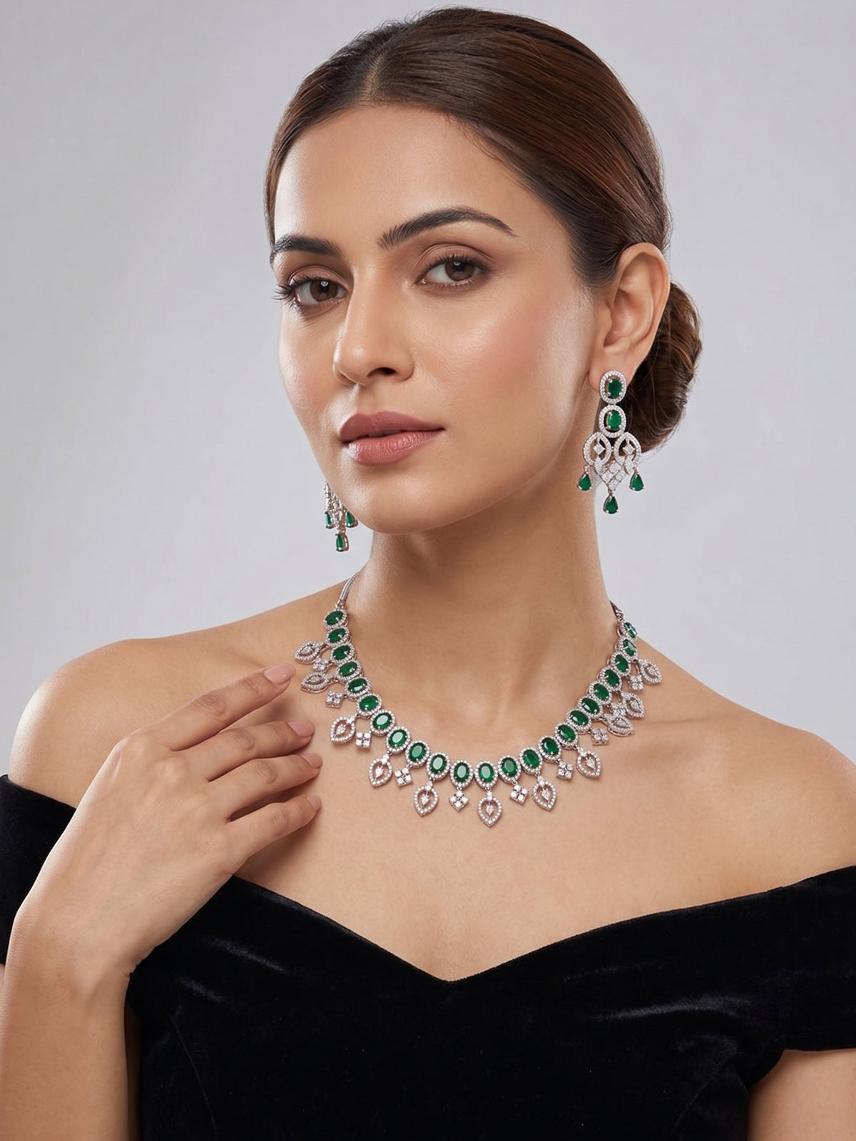 Green American Diamond Silver Plated Necklace with Earrings Set