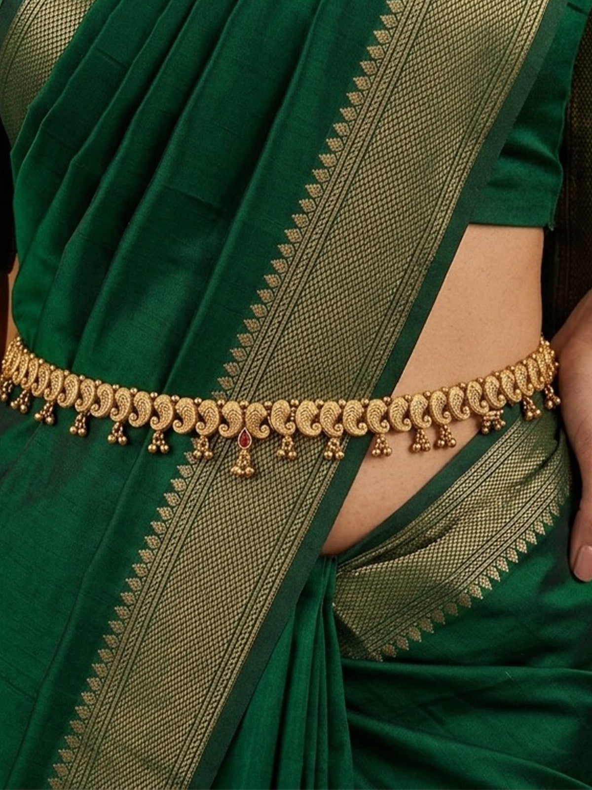 18k Gold-Plated Leaf Motif Design Waist Chain with Ruby Stone