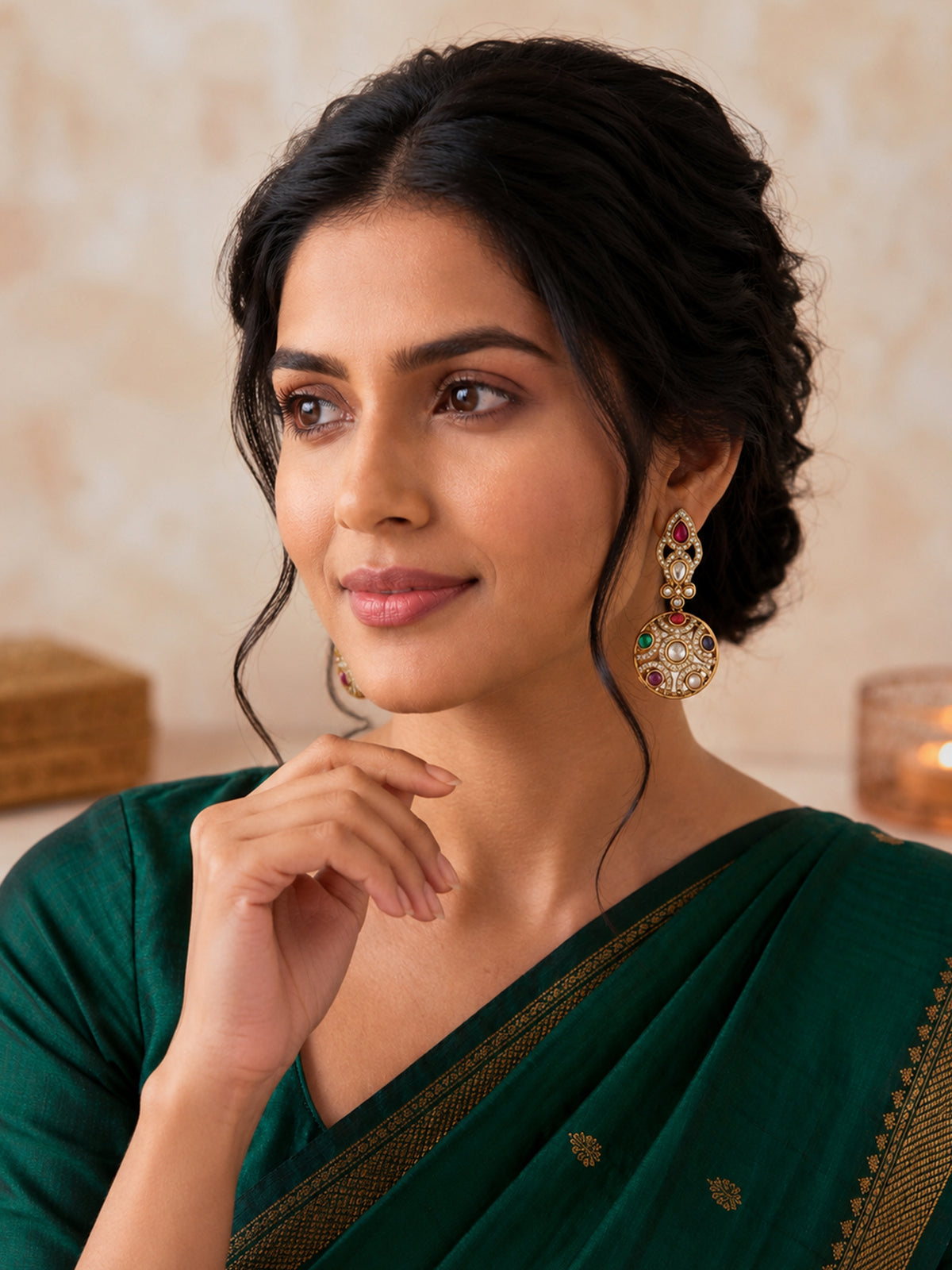 Gold-Plated Kundan CZ and Multi Colour Dangler Earrings