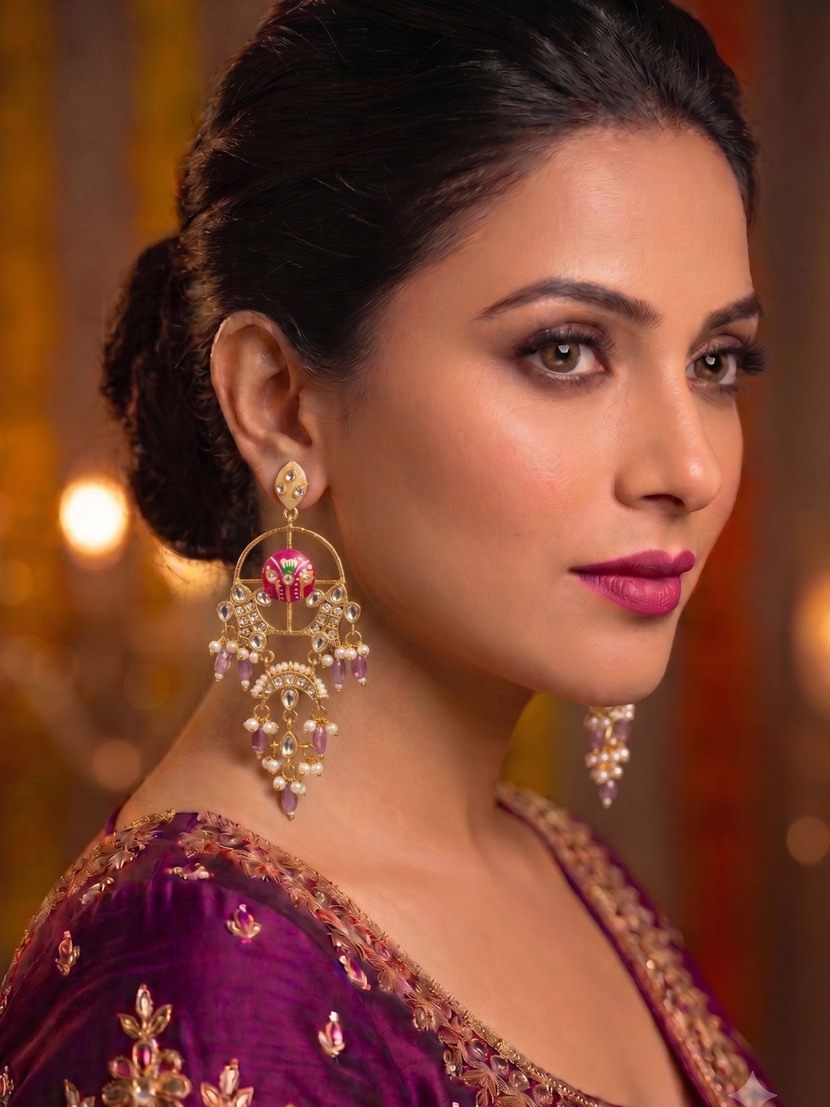 Designer Bright Pink Paan Meena Kundan and Drop Pearls Chandbali Earrings