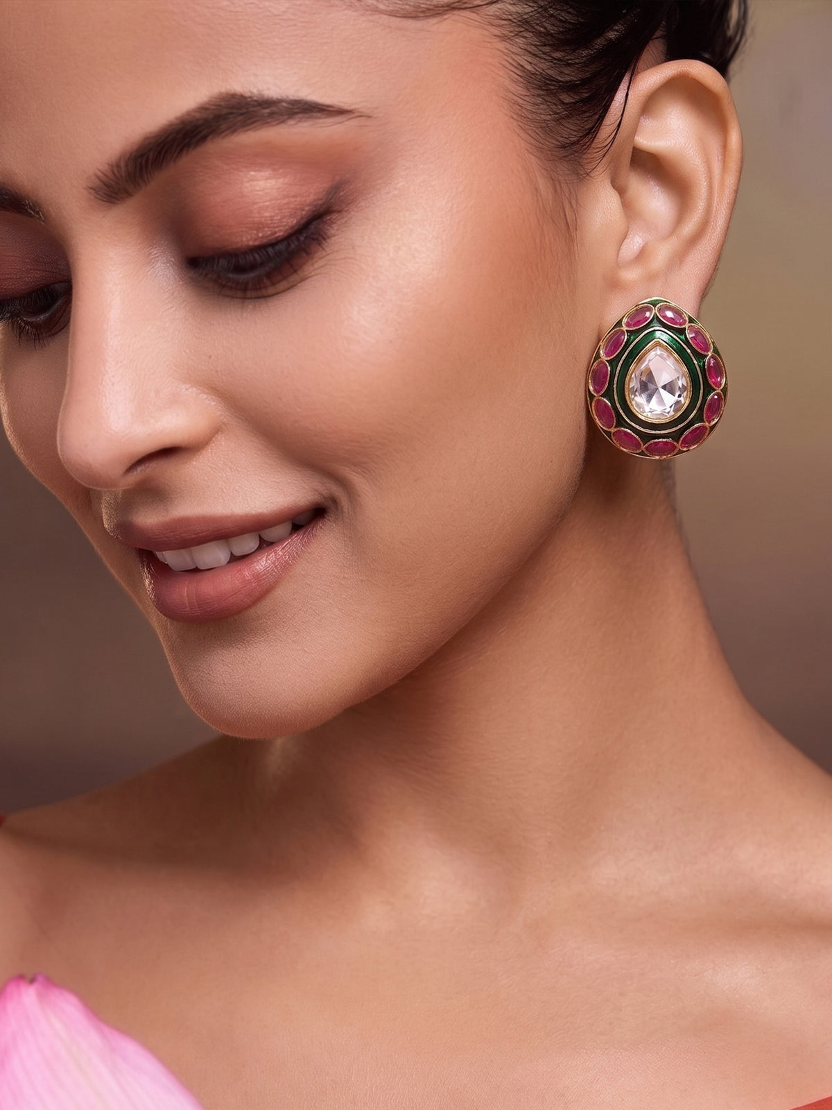 Designer Waterdrop Style Ruby Pink Kundan Stud Earrings