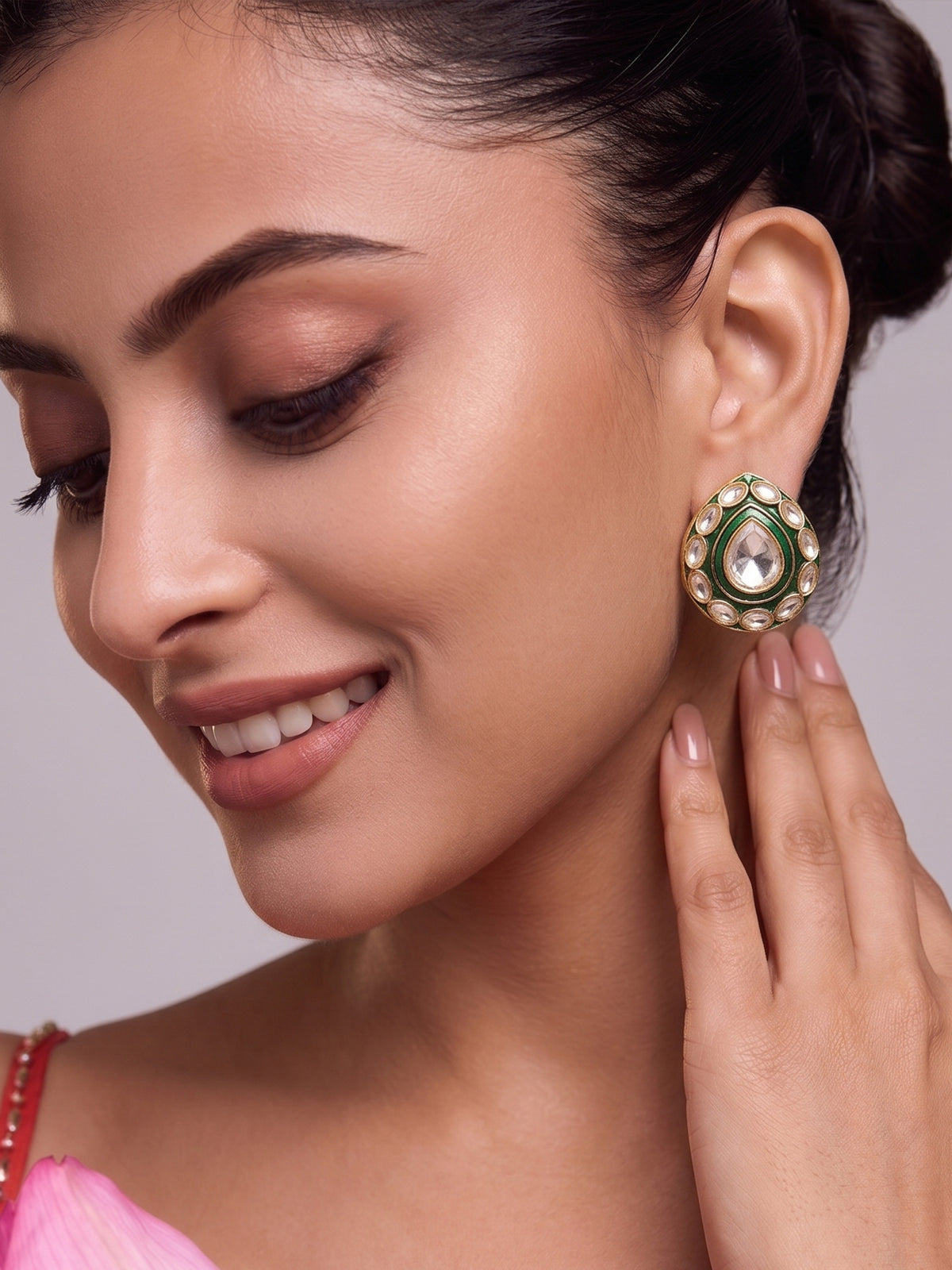 Designer Waterdrop Style White Kundan Green Meena Stud Earrings