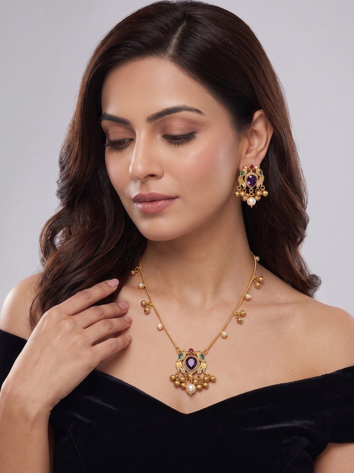 Amethyst Purple CZ Stone with Ghungroo and Pearl Chain Pendant Earring Set