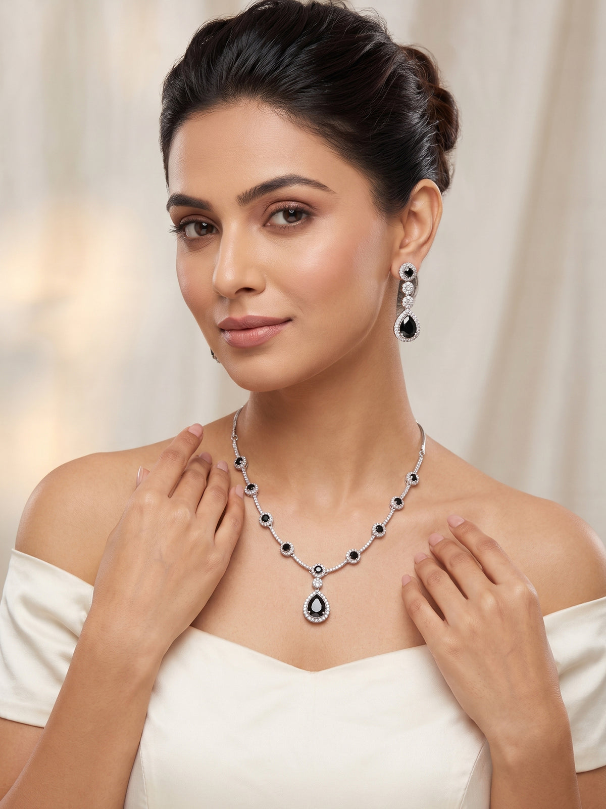 Silver Plated Water Drop Design Black American Diamond Zircon Necklace Earring Set