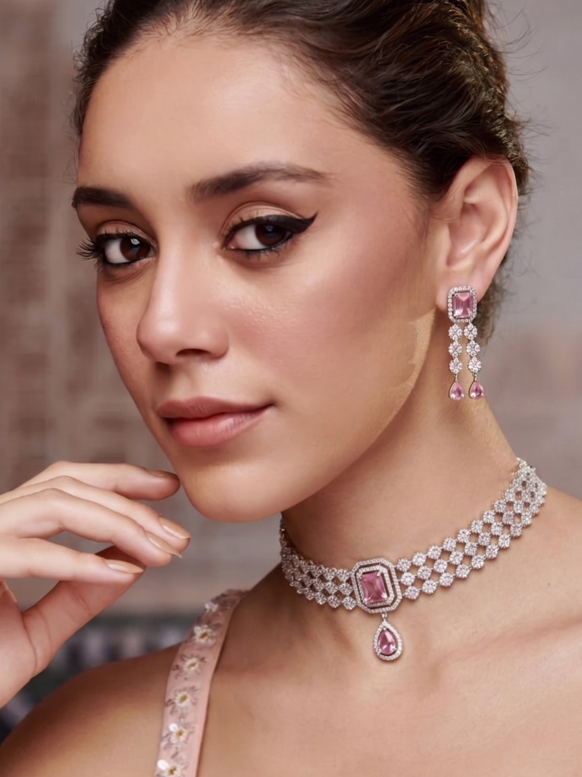 Rhodium Plated Classic Pink American Diamond Choker Necklace Jewellery set
