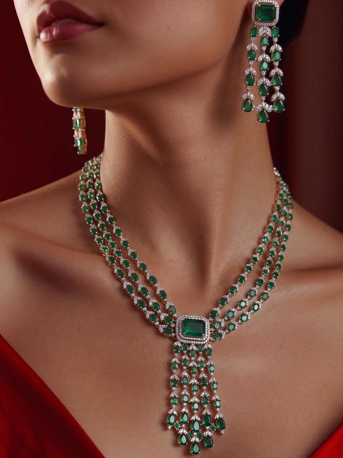 Dazzling Emerald Green Multi-Layer American Diamond Jewellery Set for Women