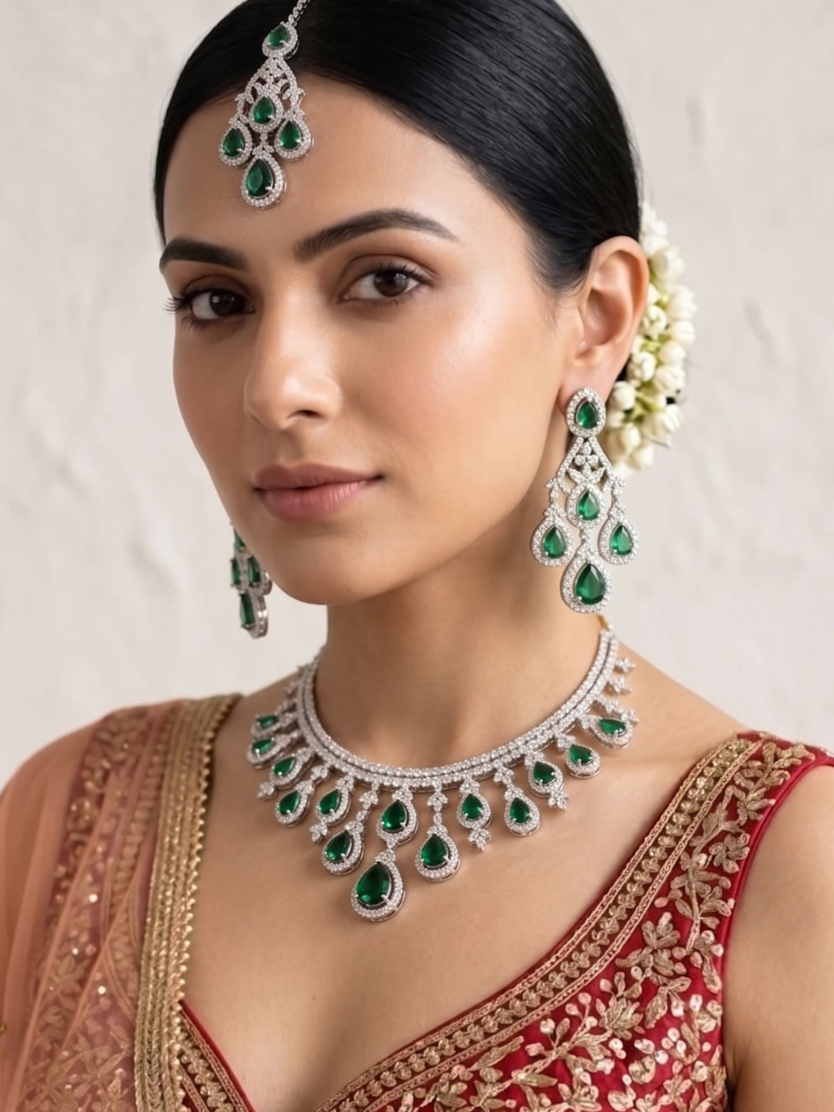 Rhodium Plated Green American Diamond Necklace Jewellery Set with Maang Tikka