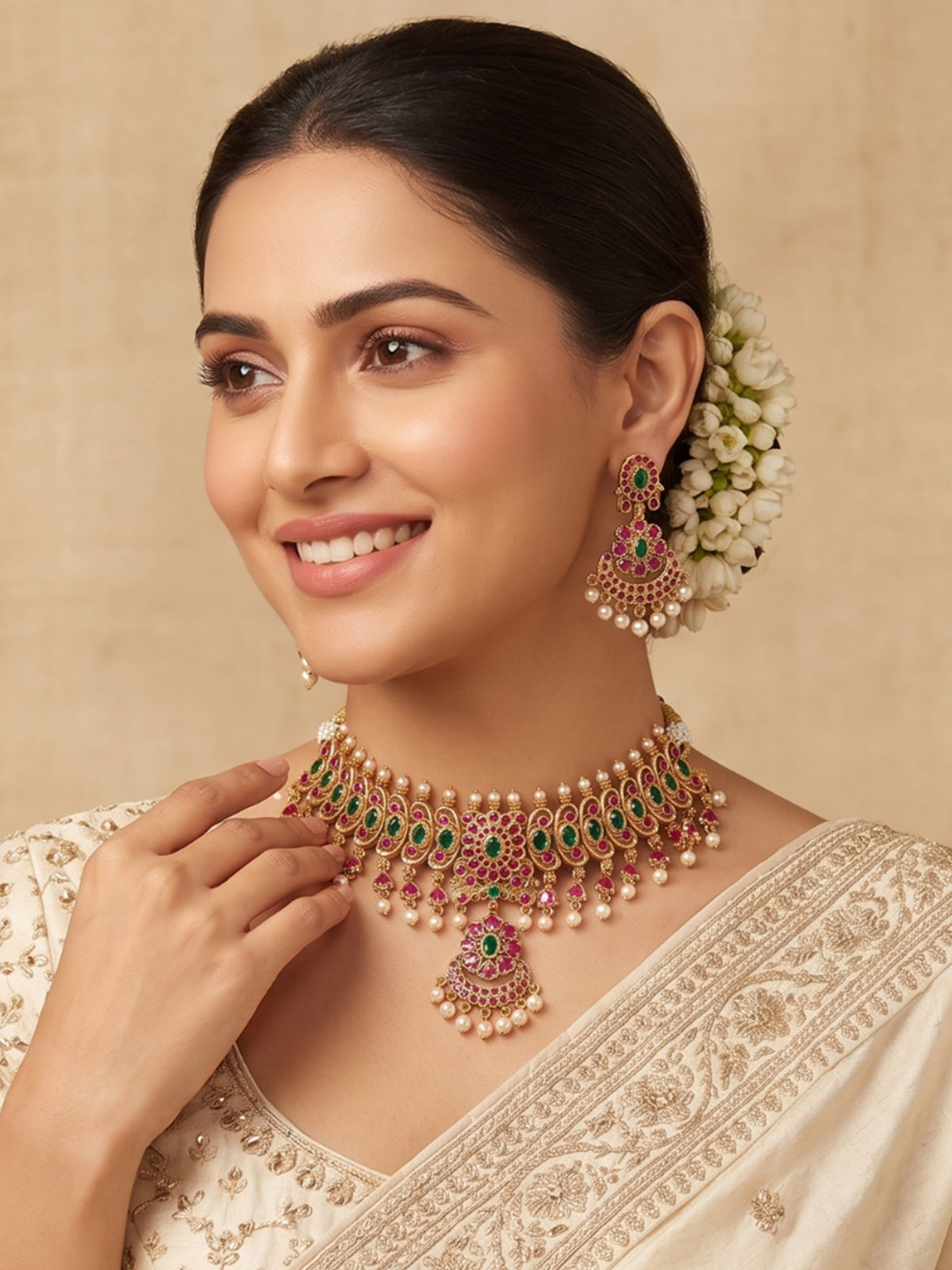 Antique 24k Gold Plated Multi Color Temple Choker Necklace Jewellery Set with Earrings