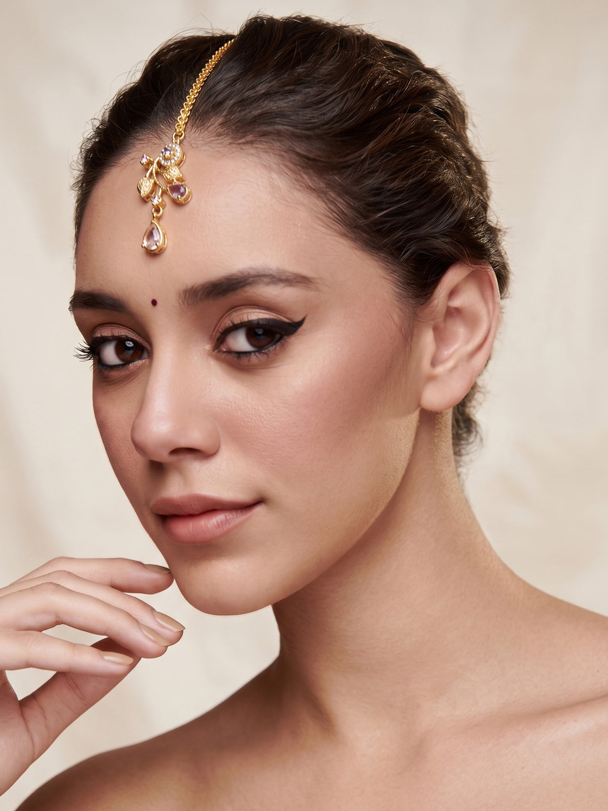 Gold Plated Pink American Diamond Floral Handcrafted Maang Tikka