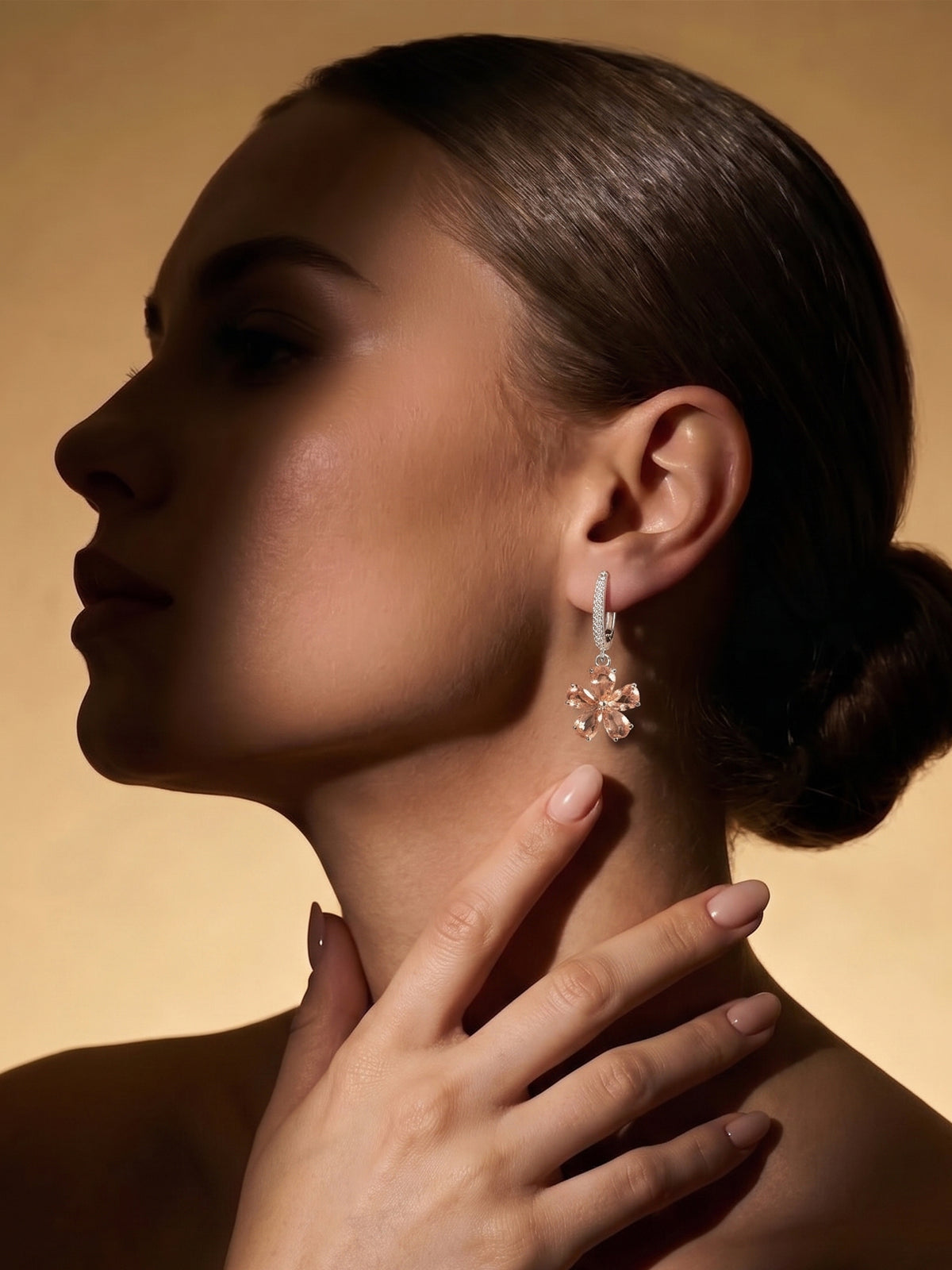 Silver Plated Champagne American Diamond Floral Drop Earrings