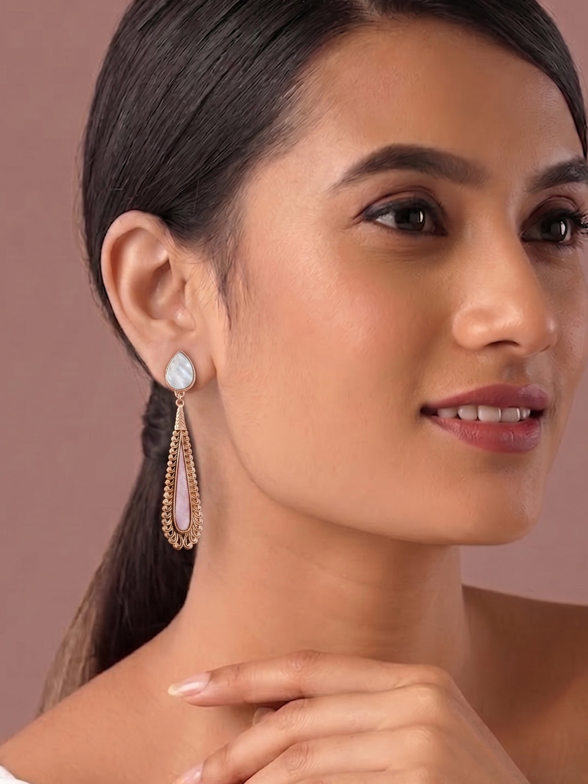 Matte Gold Plated Long Teardrop Pink Filigree Dangler Earrings for Women
