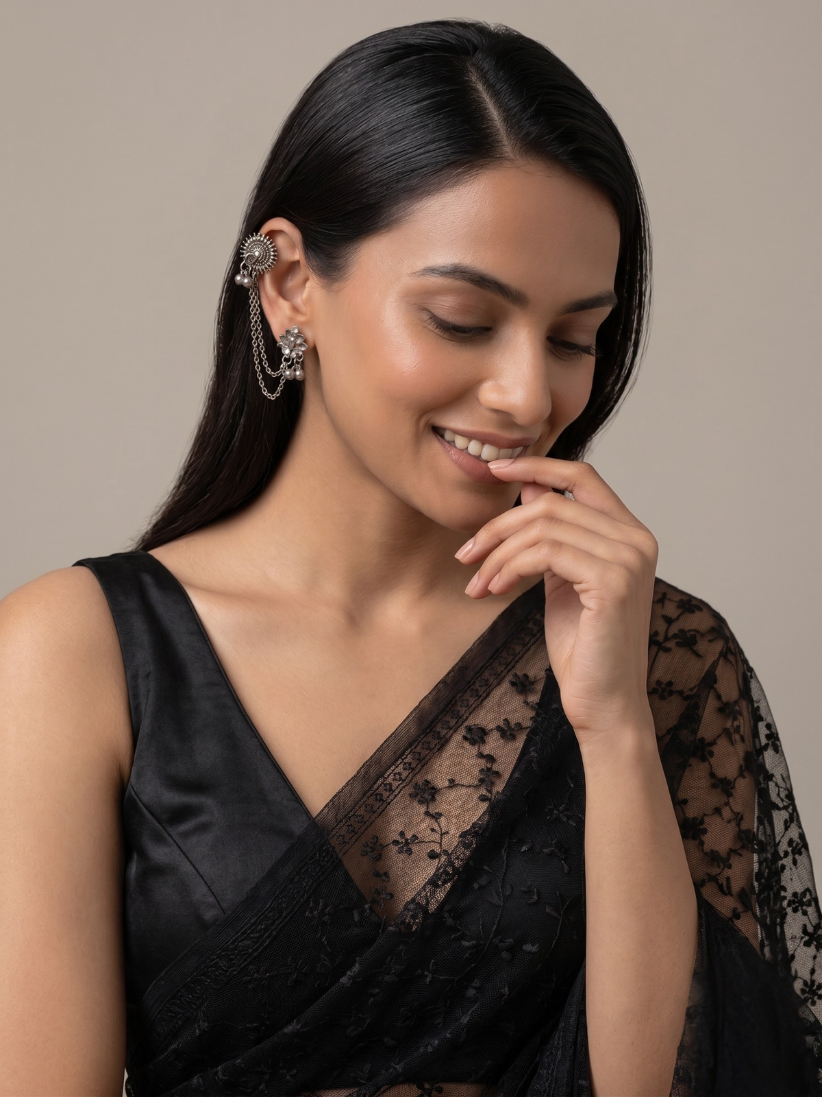 Designer Silver Oxidized Layered Chain and Ghungroo Bells Cuff Earrings