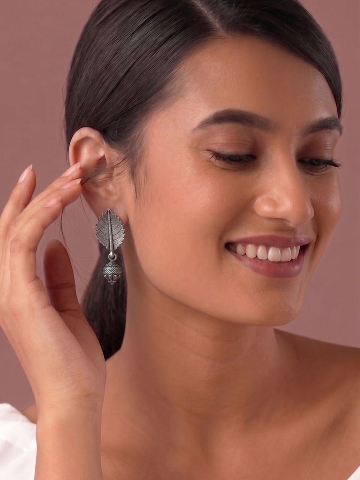 Designer Silver Oxidized Leaf Pattern Earrings with Drop Beads