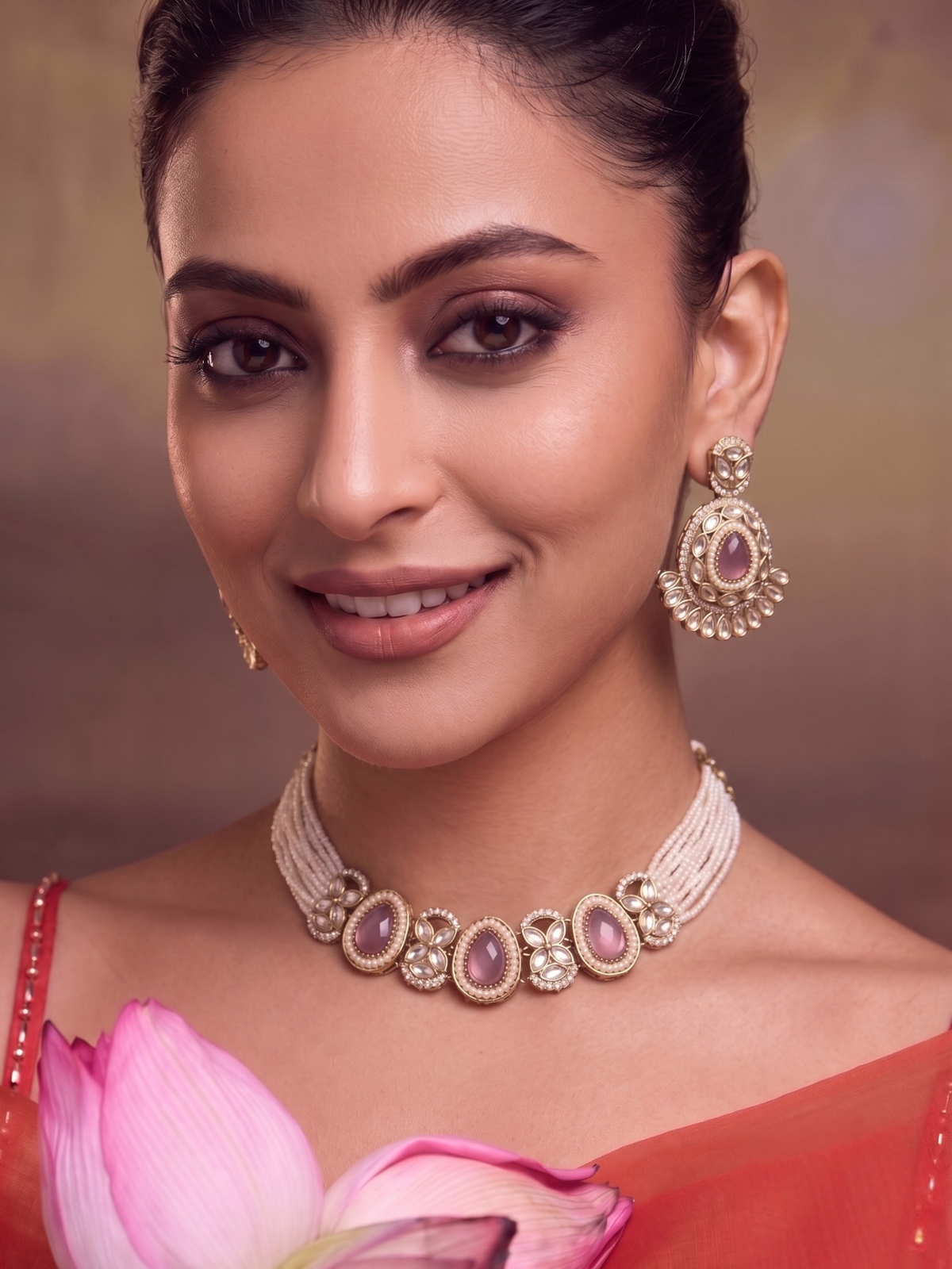 Gold Plated Lavender Stone Pearl Kundan Necklace Set