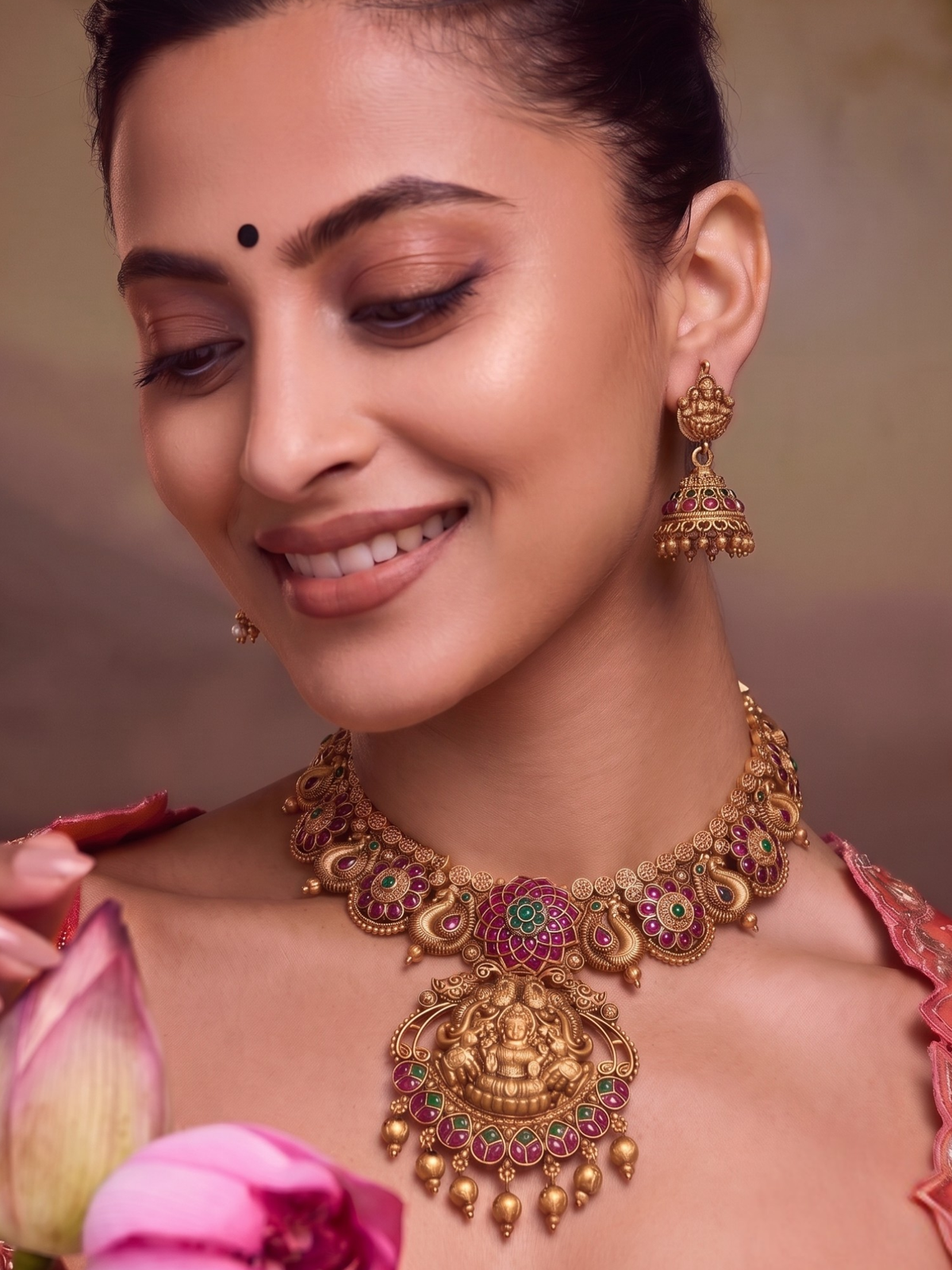 Gold Plated Temple Goddess Pendant Necklace Set
