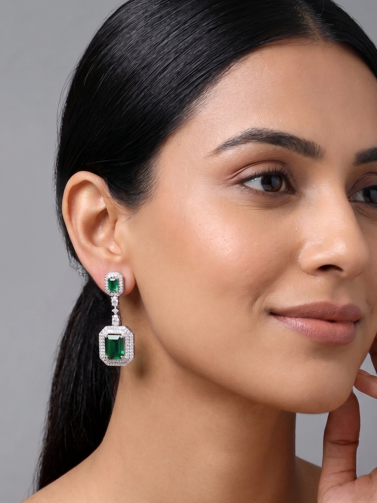 Emerald Green Rectangular Halo Drop Earrings in Silver Tone