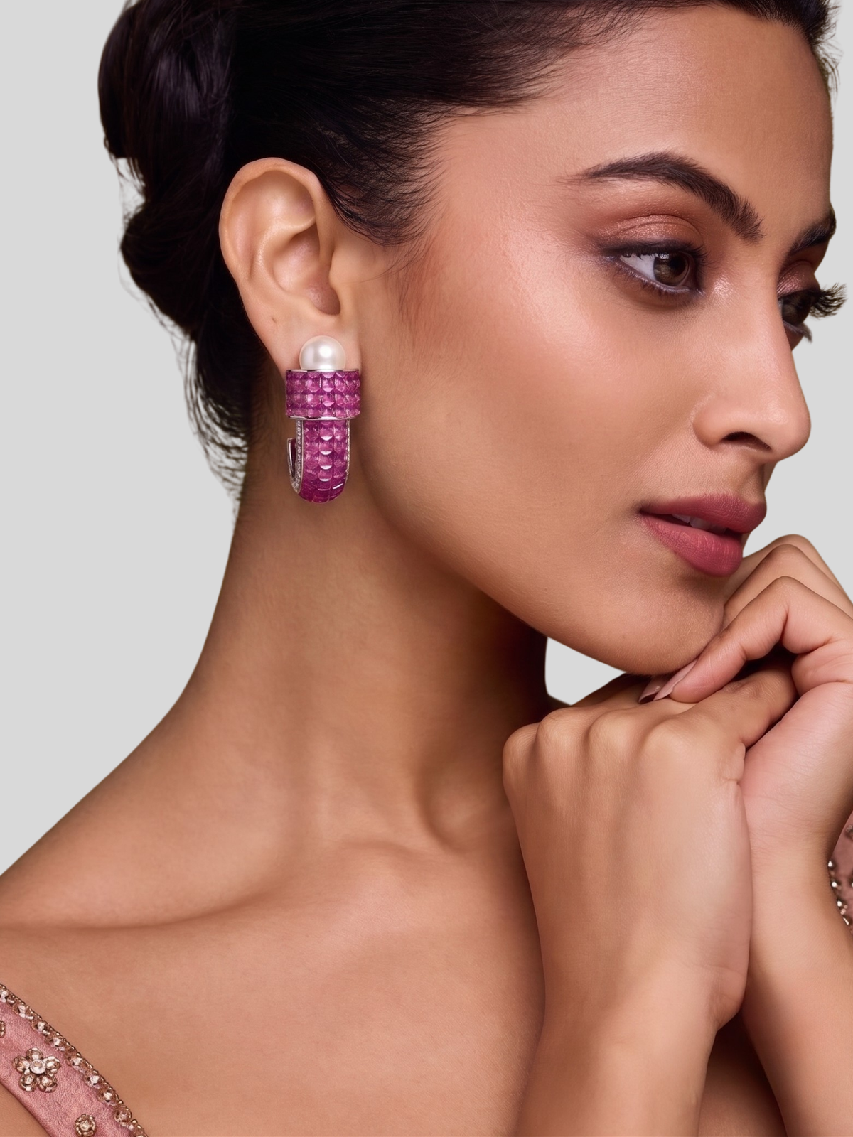 Pink Crystal Pearl Hoop Earrings in Silver Tone