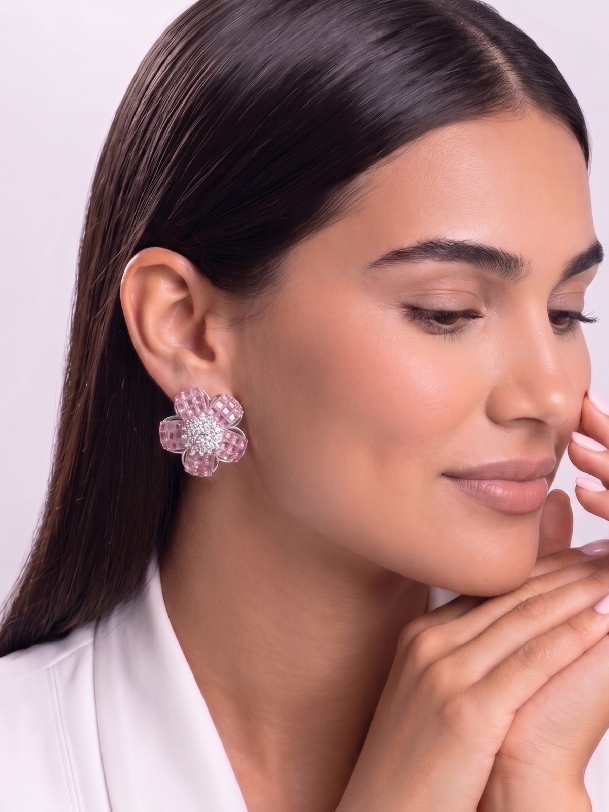 Pink Floral Crystal Stud Earrings Silver Plated Statement Jewellery