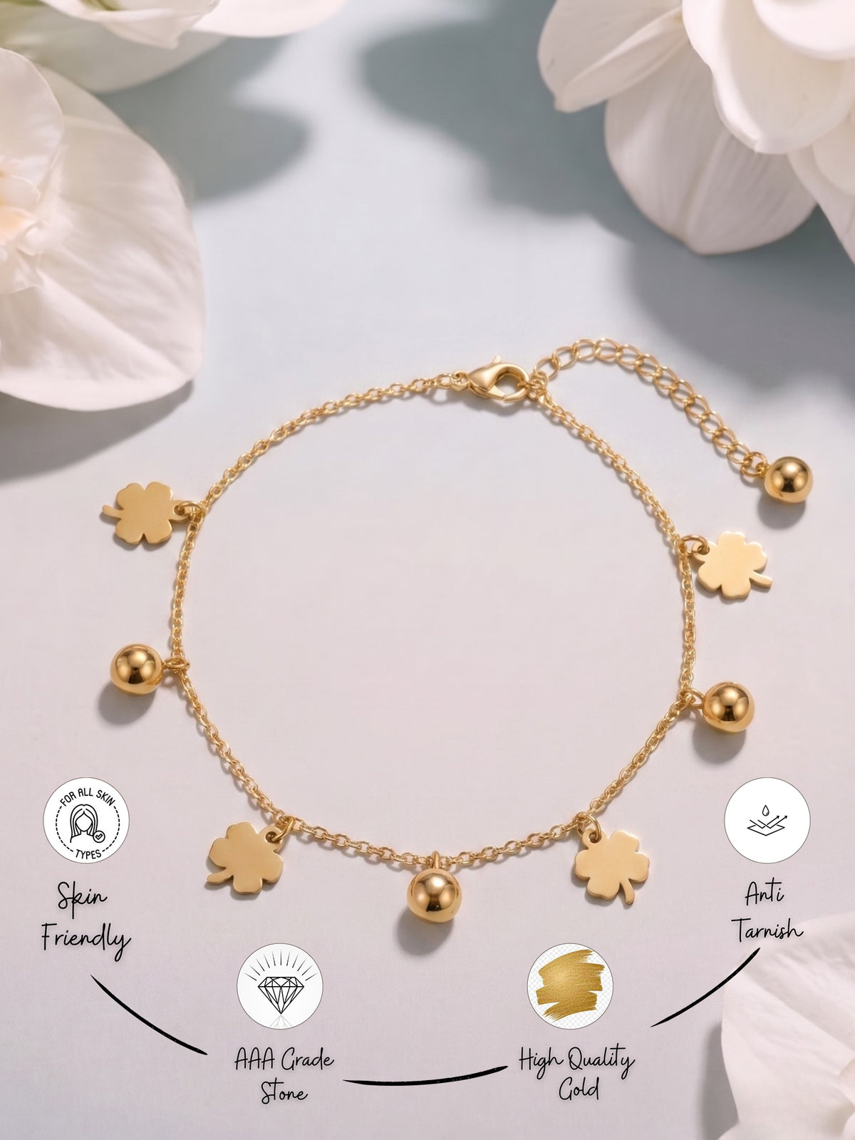 Gold Plated Clover Charm Bracelet Statement Jewellery