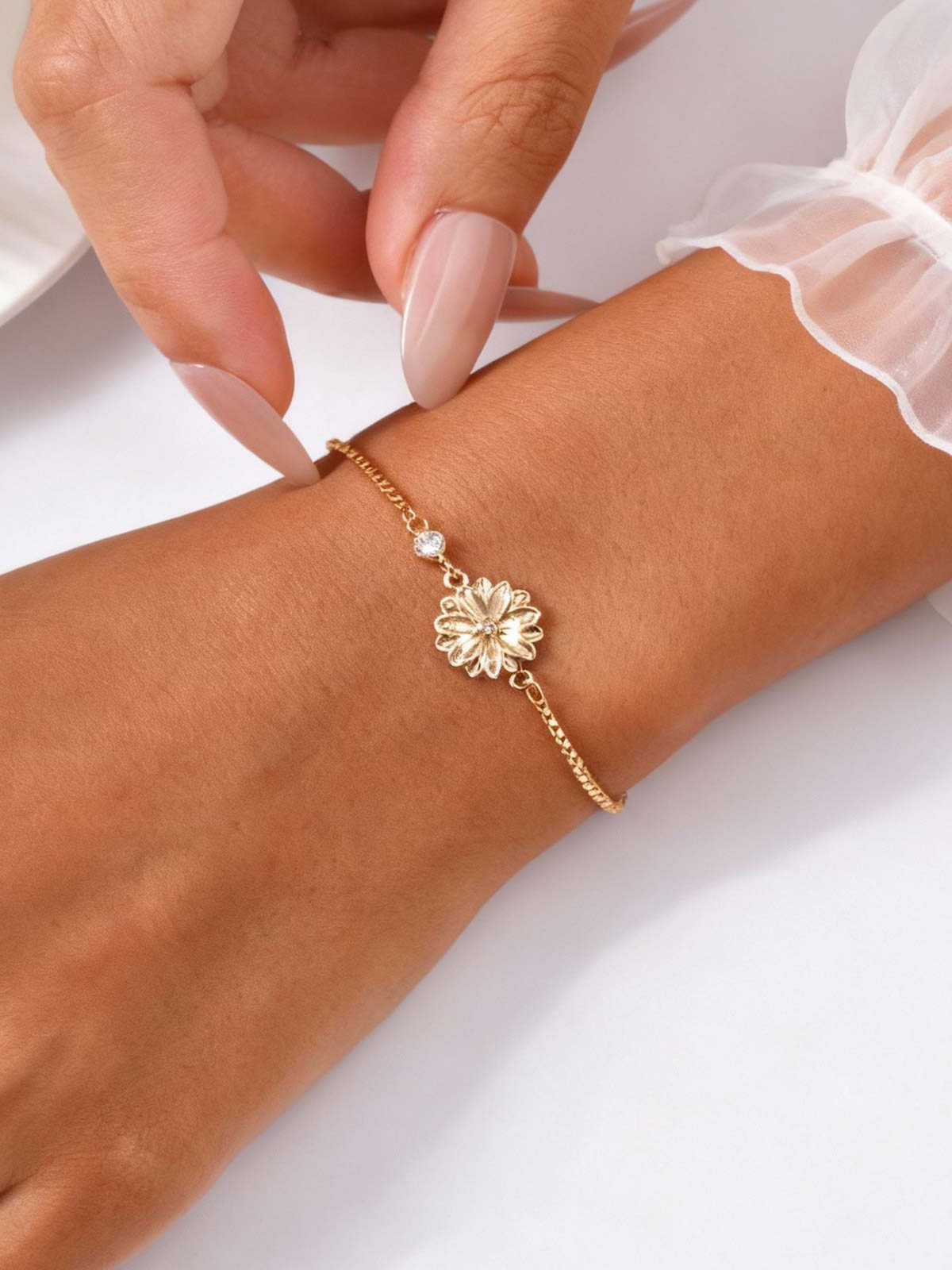 Gold Plated Floral Motif Charm Chain Bracelet Statement Jewellery