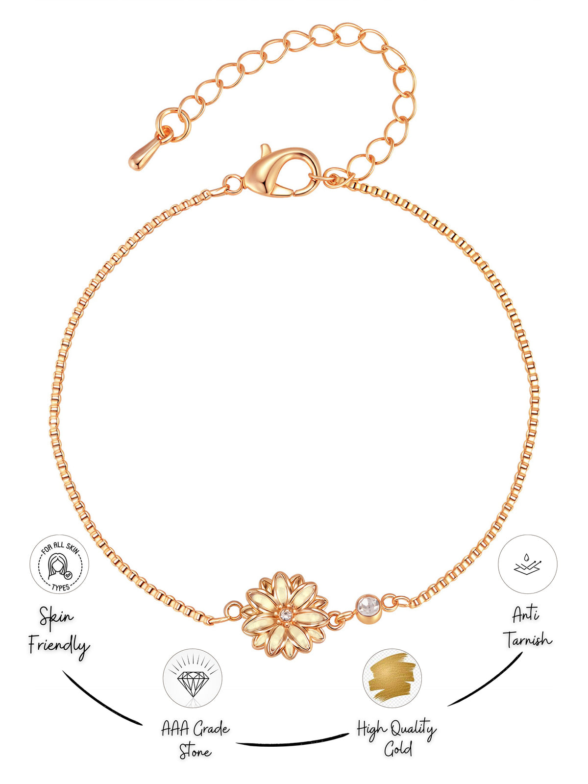Gold Plated Floral Motif Charm Chain Bracelet Statement Jewellery