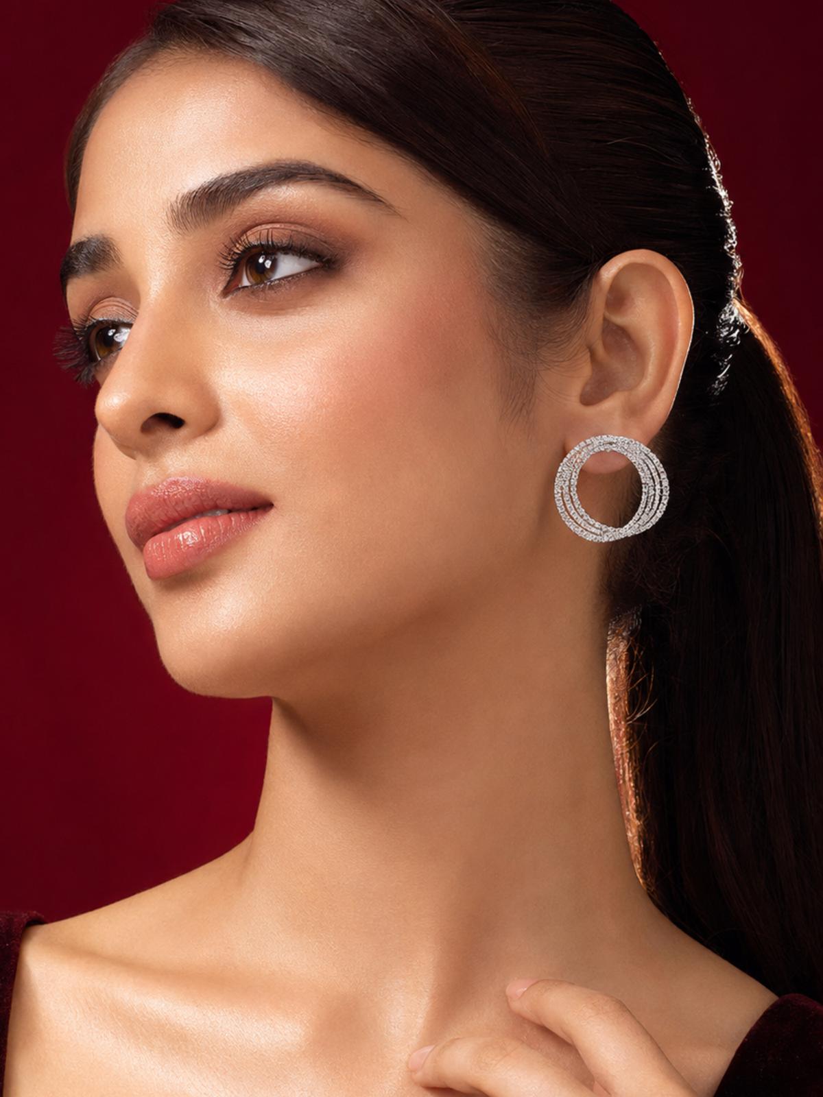 Silver Plated Triple Circle Cubic Zirconia Stud Earrings