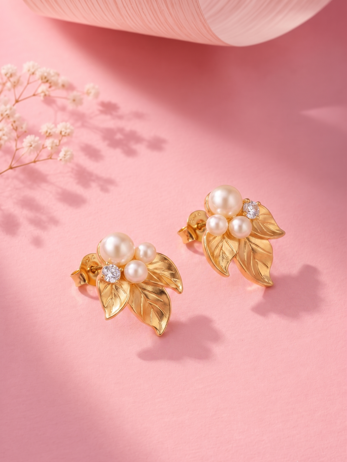 Gold Plated Pearl Leaf Stud Earrings