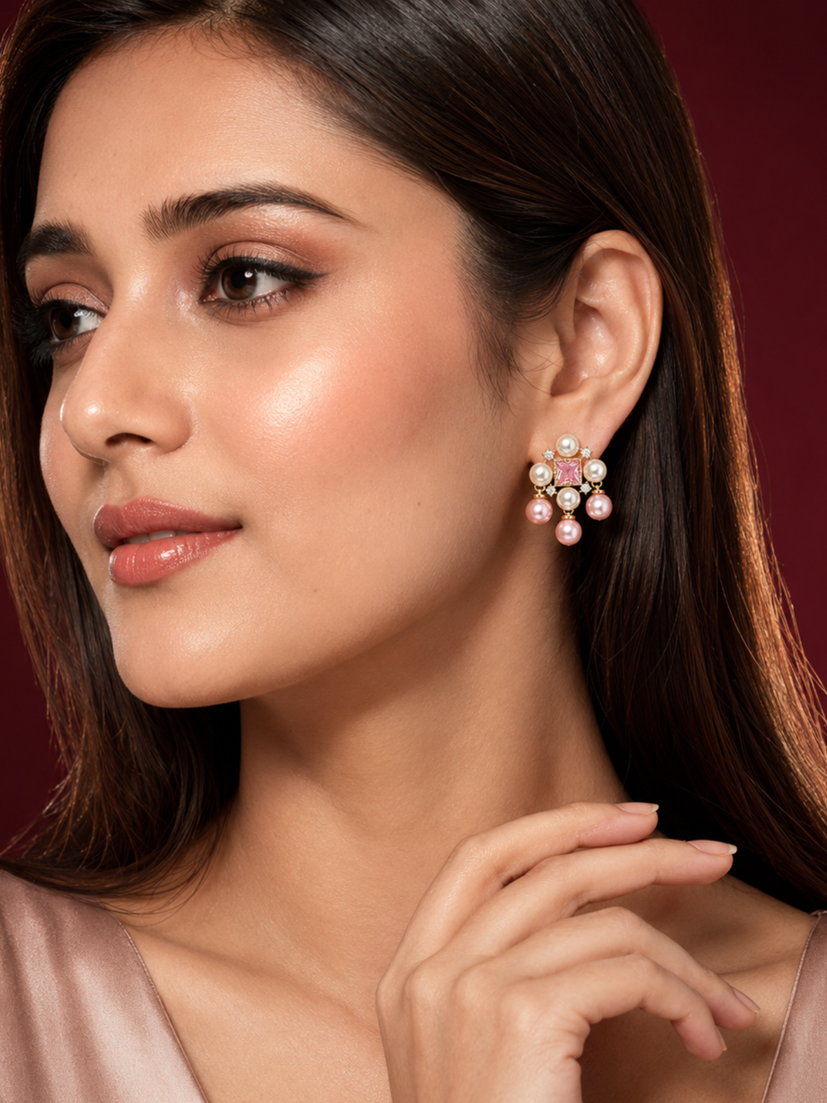 Gold Plated Pink Crystal Pearl Drop Earrings