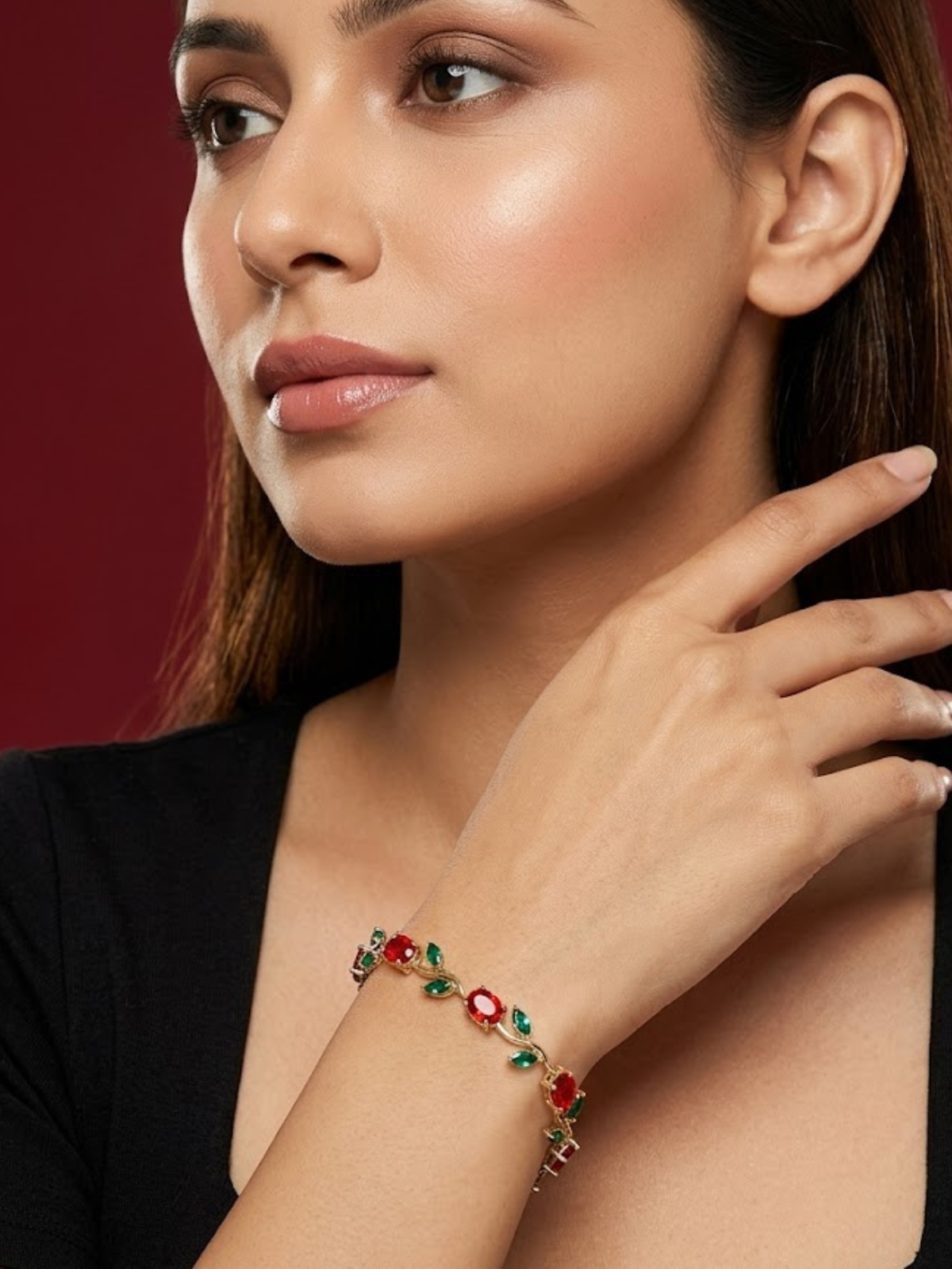 Gold Plated Red and Green Stone Leaf Bracelet