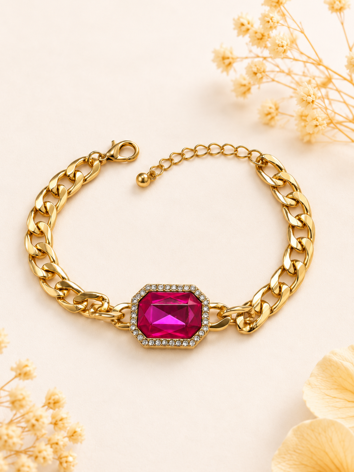 Gold Plated Pink Stone Crystal Statement Chain Bracelet