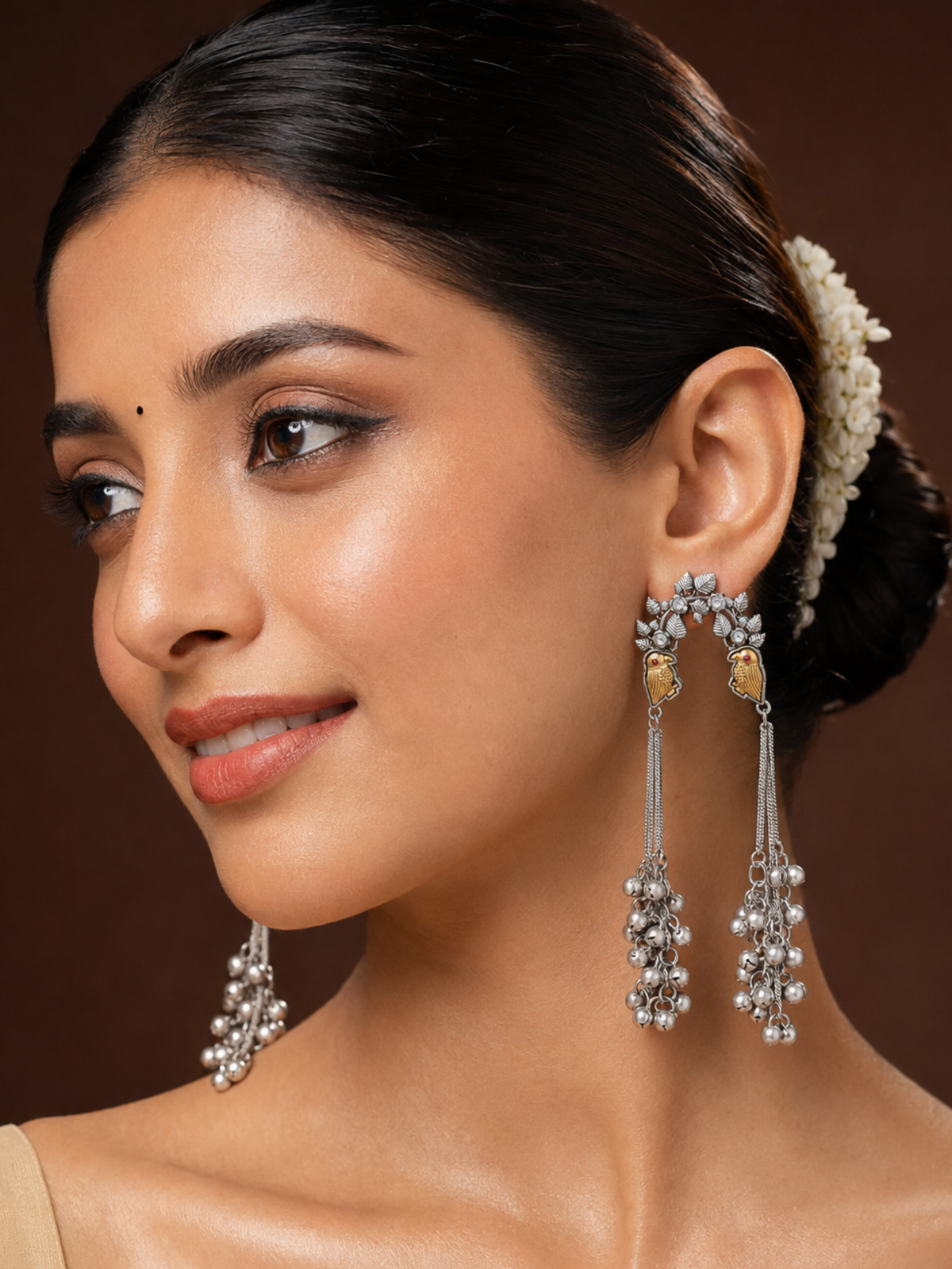 Silver Plated Dual Bird Floral Ghungroo Drop Earrings