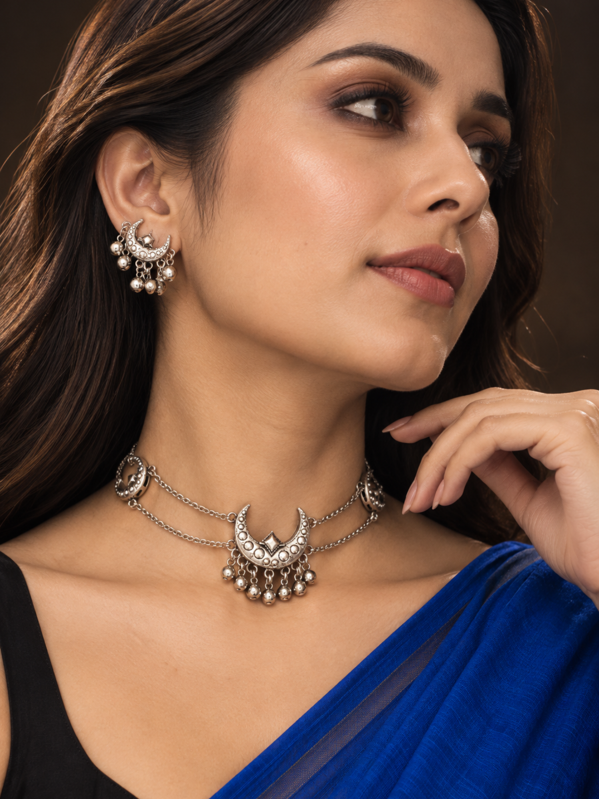 Silver Plated Crescent Moon Ghungroo Necklace and Earrings Set
