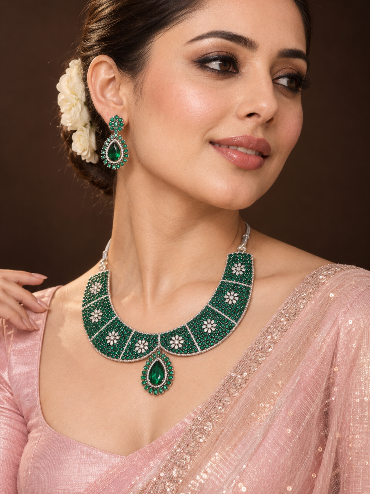 Silver Plated Green Stone Floral Necklace and Earrings Set