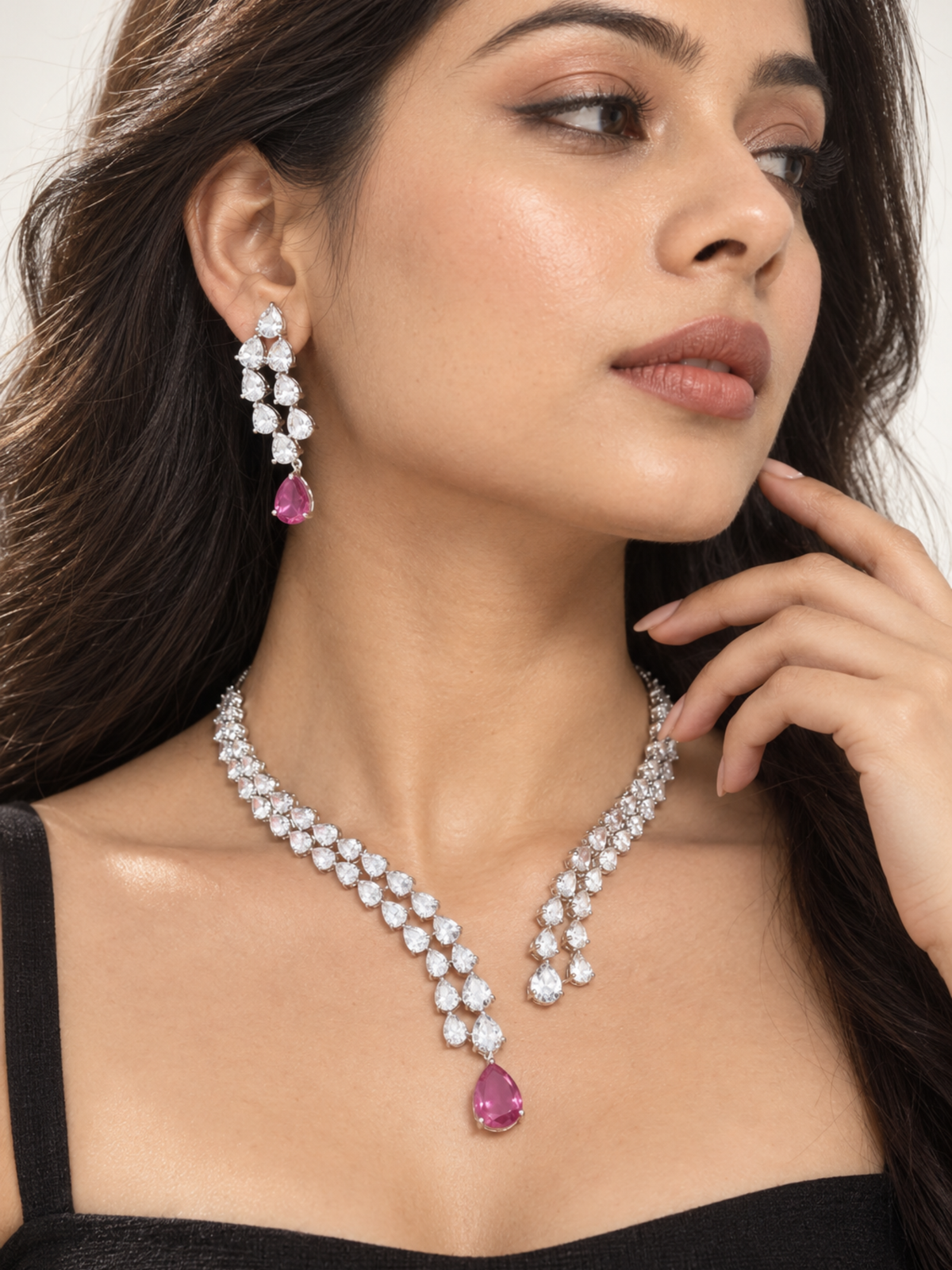 Radiant Pink Teardrop Necklace and Earrings Set