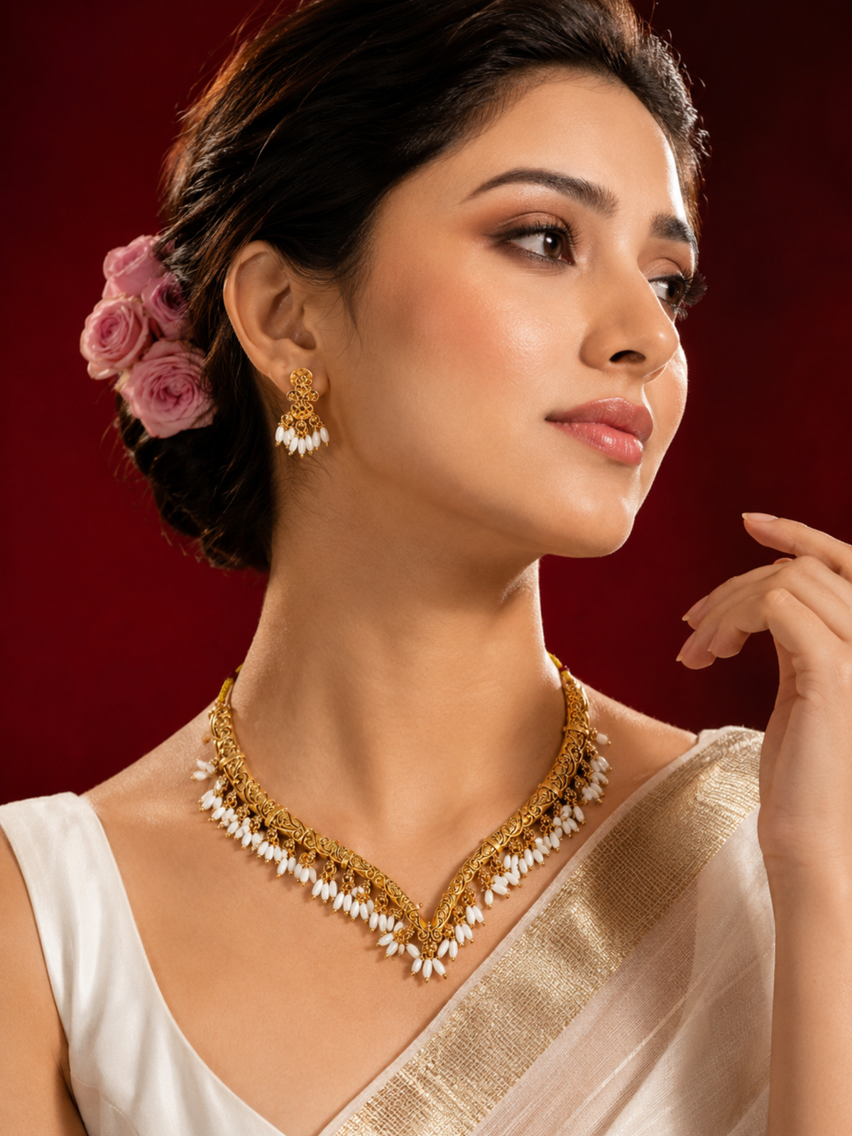 Gold Plated Traditional Necklace and Earrings Set with White Bead Details