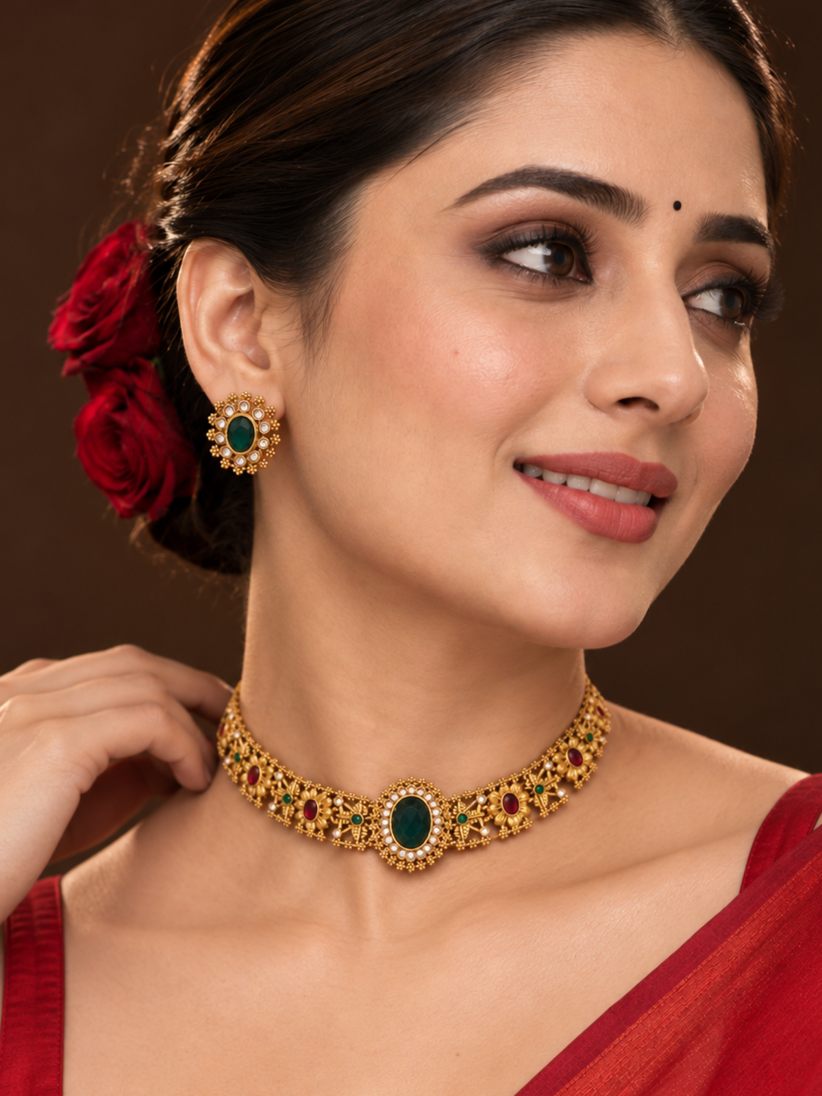 Gold Plated Multicolor Stone Floral Choker Necklace and Earrings Set