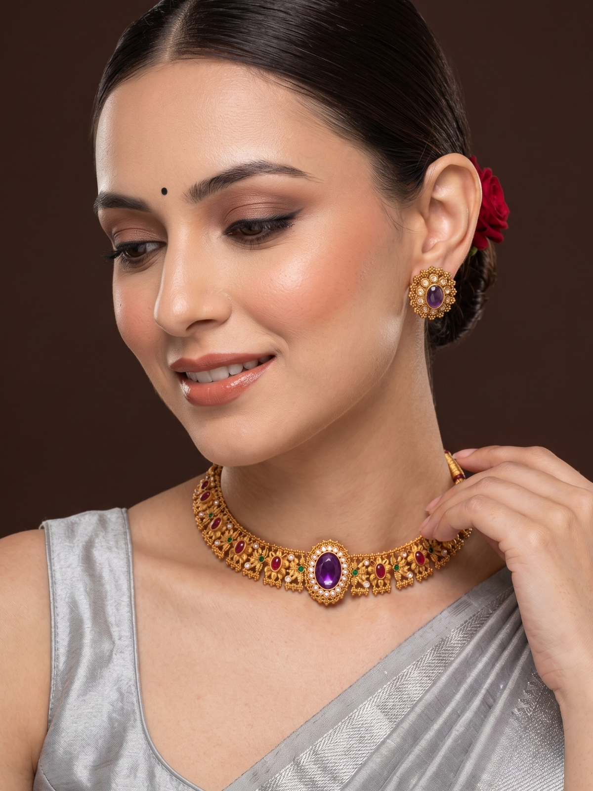 Gold Plated Multicolor Stone Floral Choker Necklace and Earrings Set