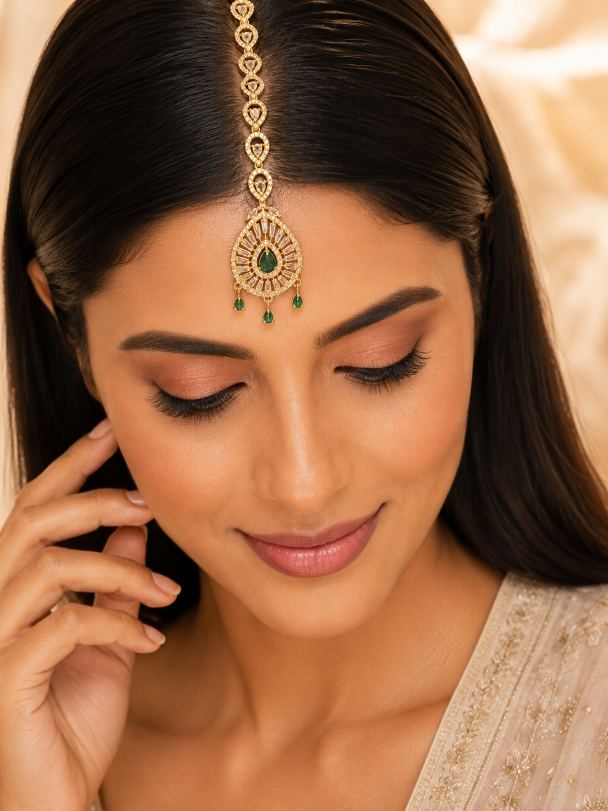 Gold Plated Green Stone American Diamond Maang Tikka