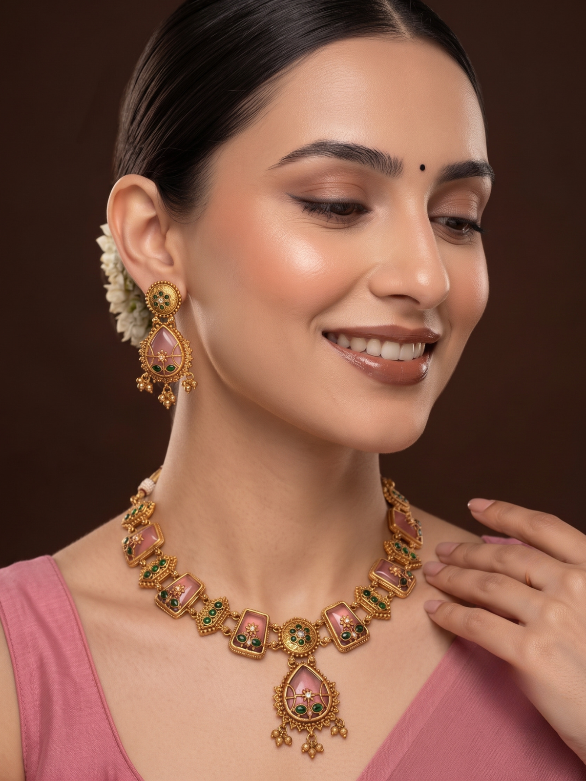 Gold Plated Pink and Green Stone Traditional Necklace and Earrings Set